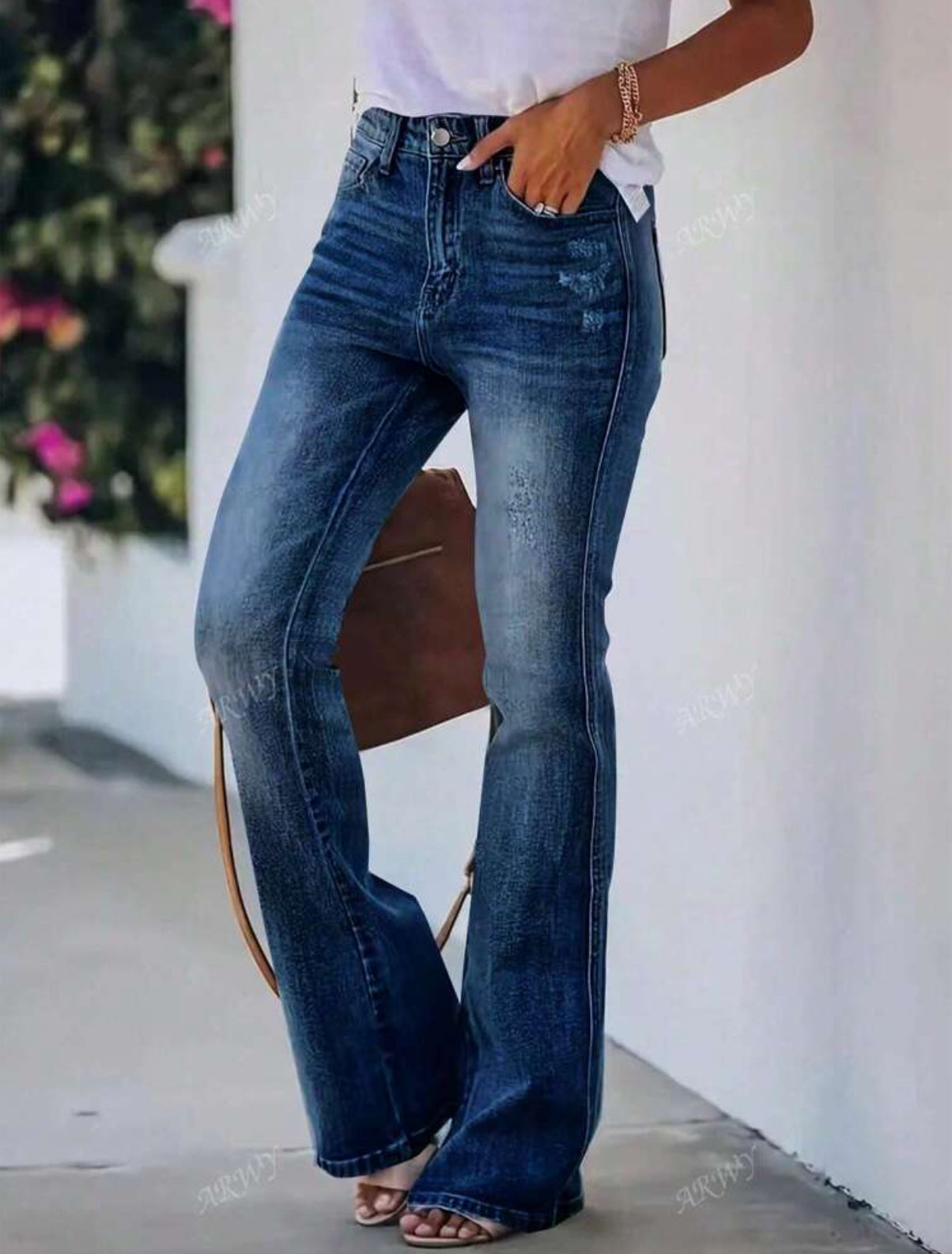 Dark Wash Women's Pockets Flare Casual Versatile Jeans