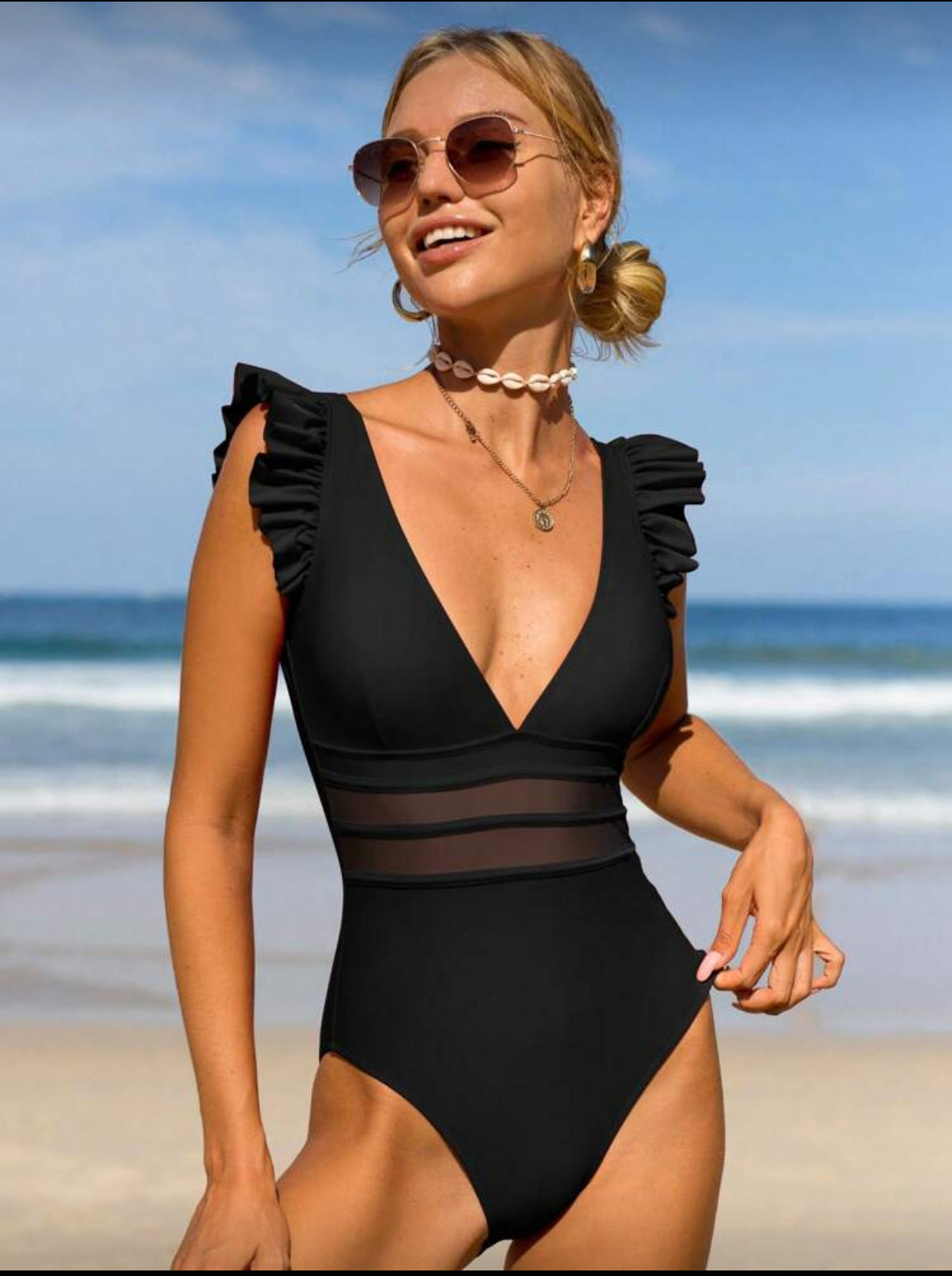 Ruffle V-Neck One-Piece Swimsuit – Black (Wrap Sold Separately)
