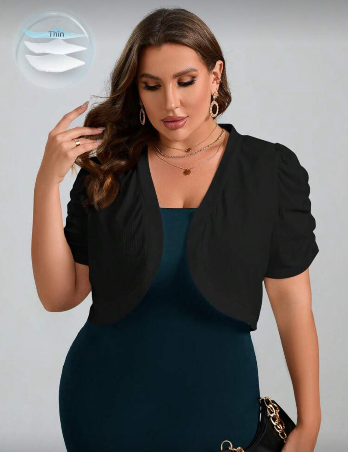 Plus Size Solid Color Short Cropped Jacket With Pleated & Puff Sleeves