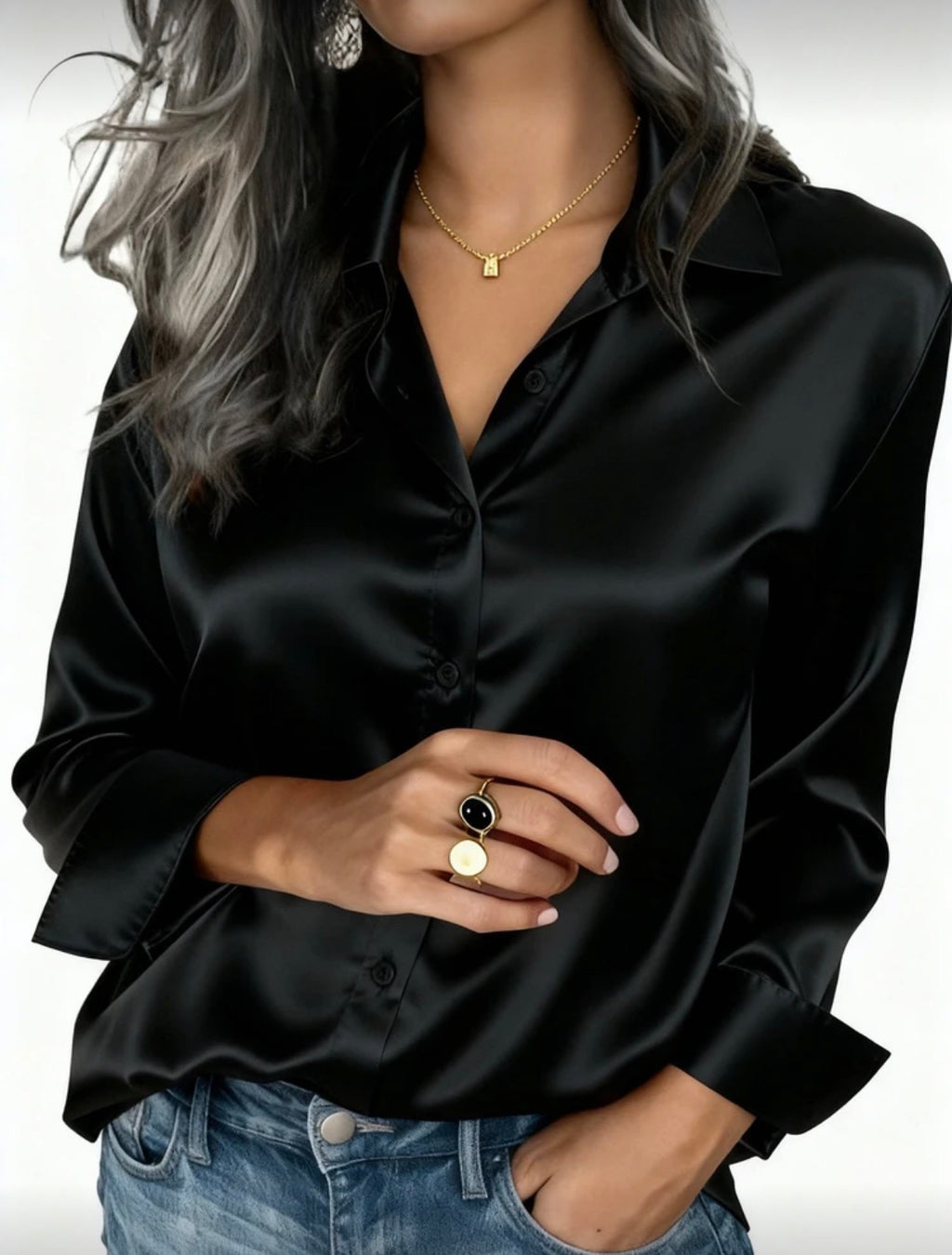 Luxe Black Satin Button-On Blouse