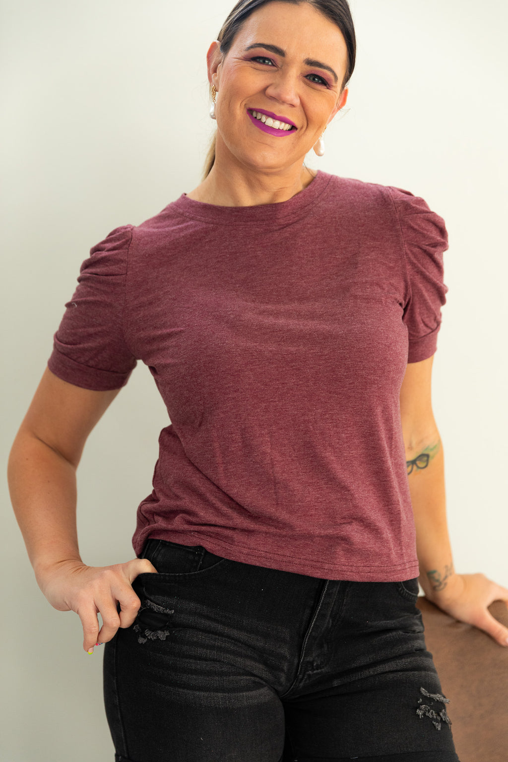 Maroon Puff Sleeve Tee