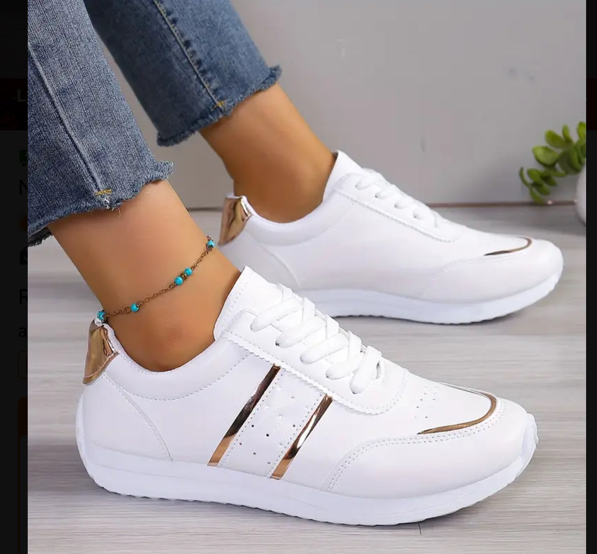 Ultra Comfortable White Sneaker with Gold Accent Strips