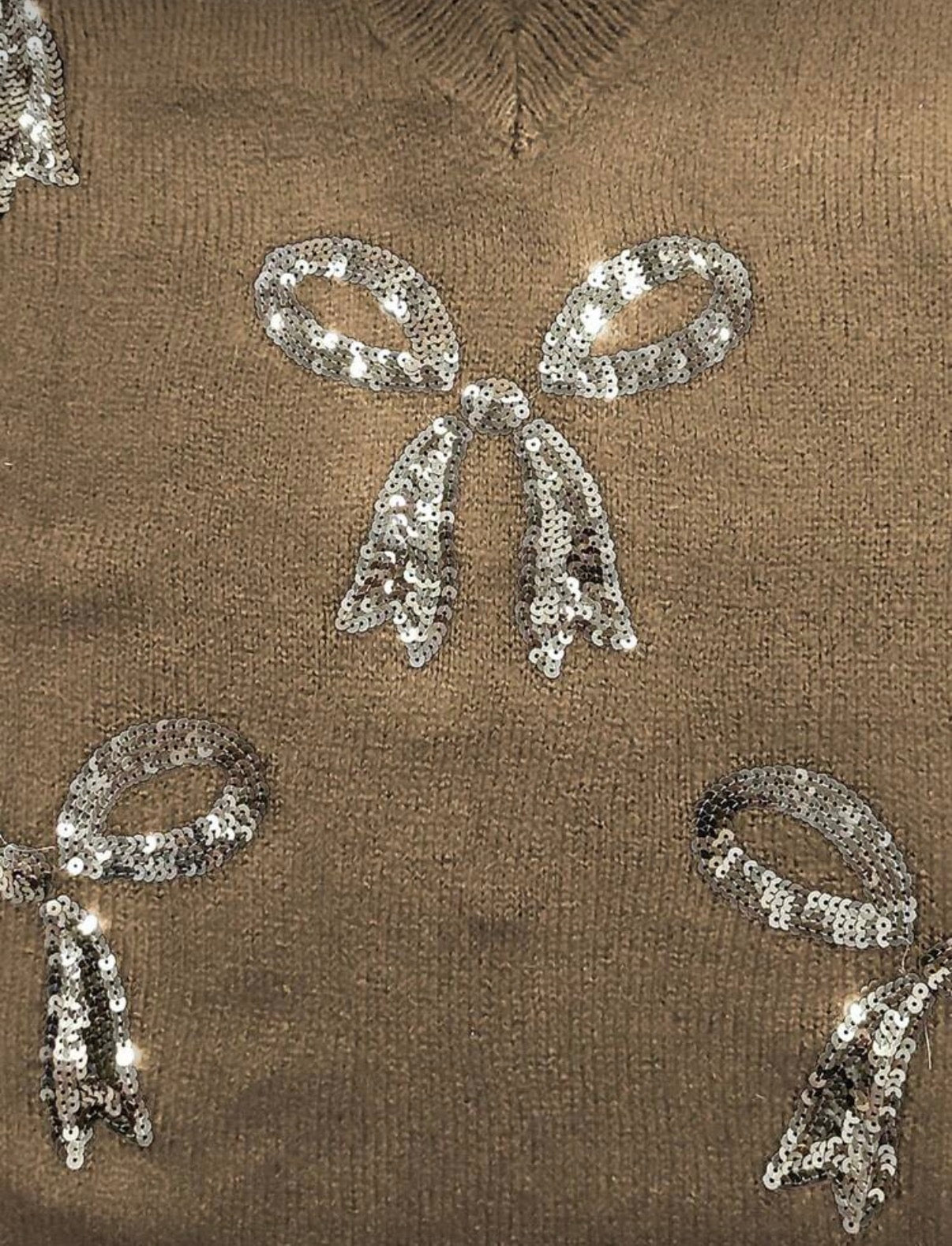 Curve Khaki Sequin Bow V-Neck Sweater