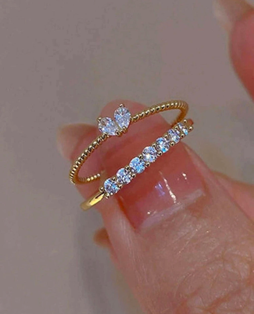 One Size Adjustable 2pcs/set Cubic Zirconia Decor Ring Copper Jewelry