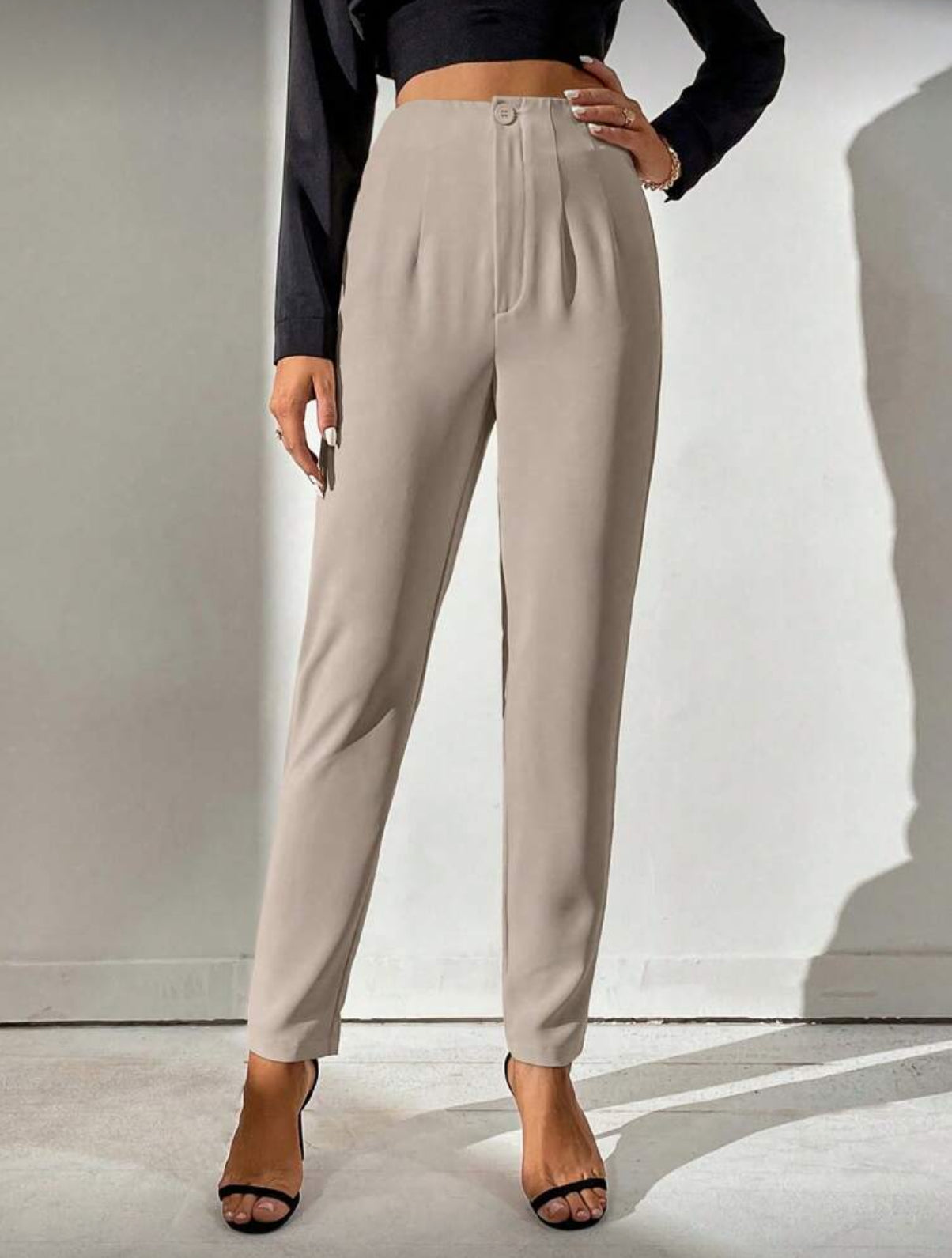 TALL Khaki Solid Color High-Waisted Tapered Casual Pants