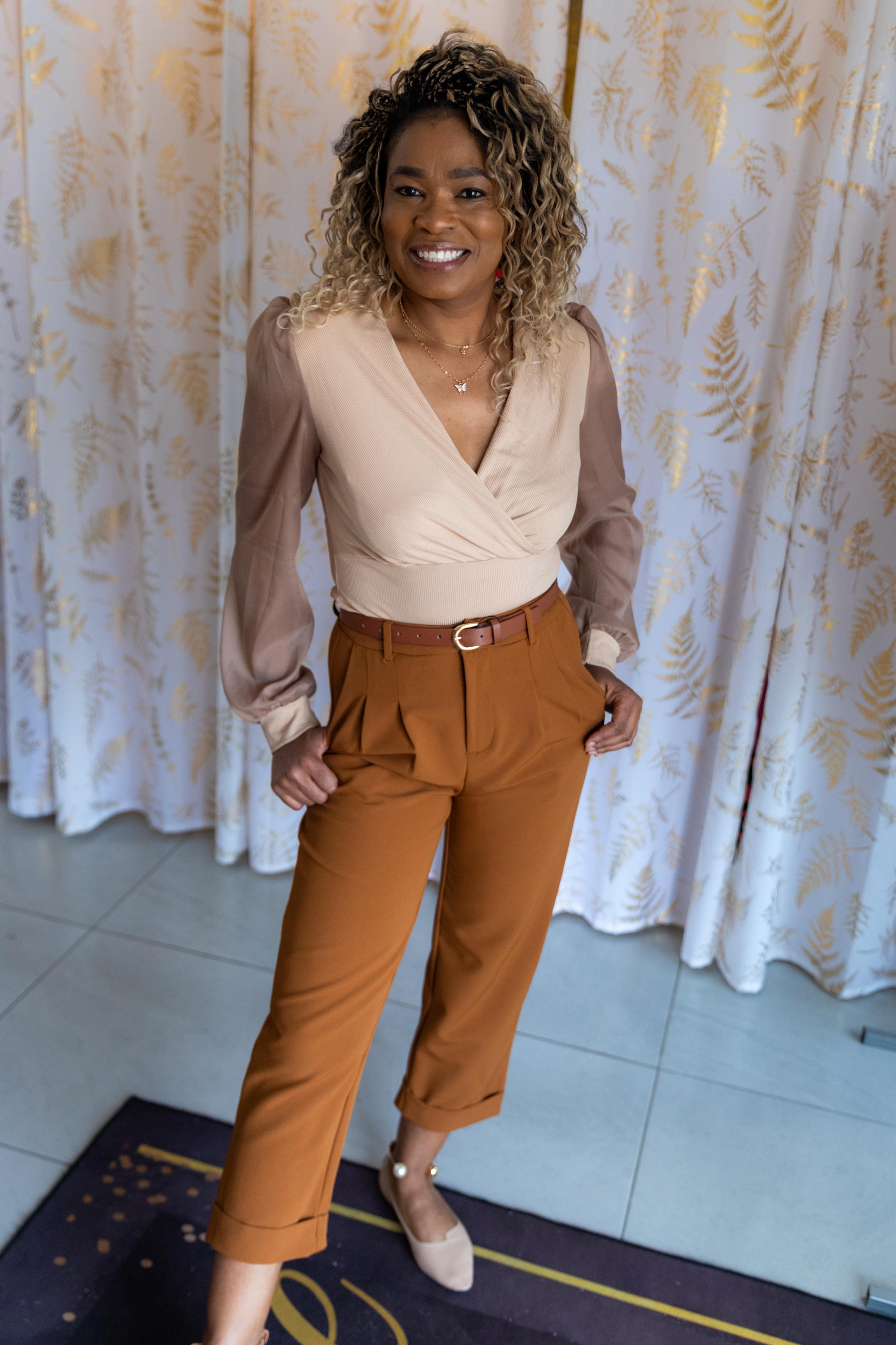 Mocha Brown DAZY Women Solid Color Pleated Straight-Leg Casual Business Pants