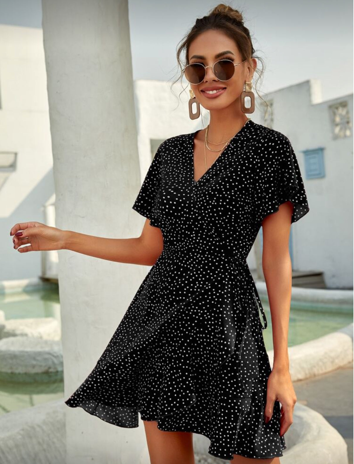 Butterfly Sleeve Black Polka Dot Dress