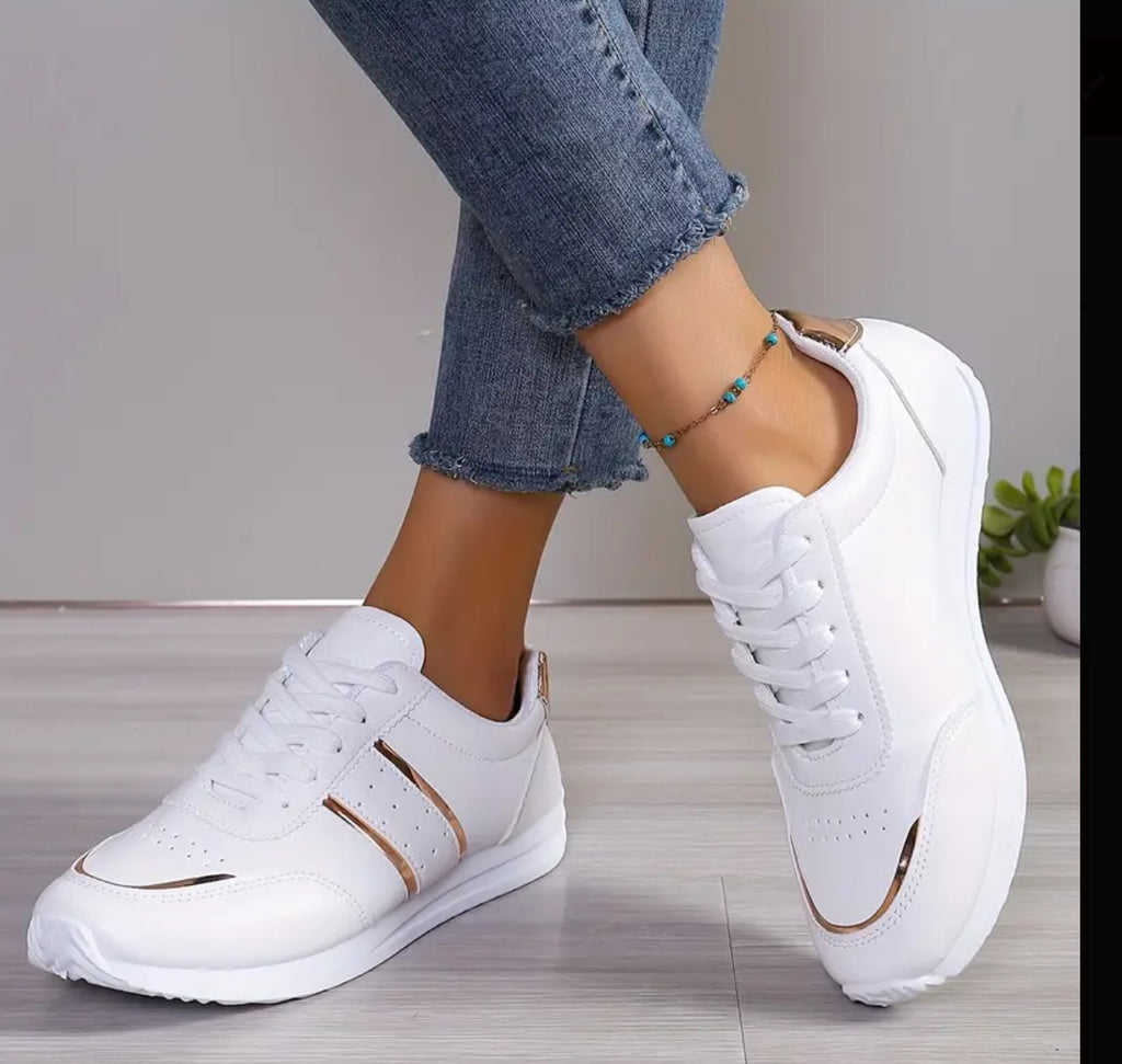 Ultra Comfortable White Sneaker with Gold Accent Strips