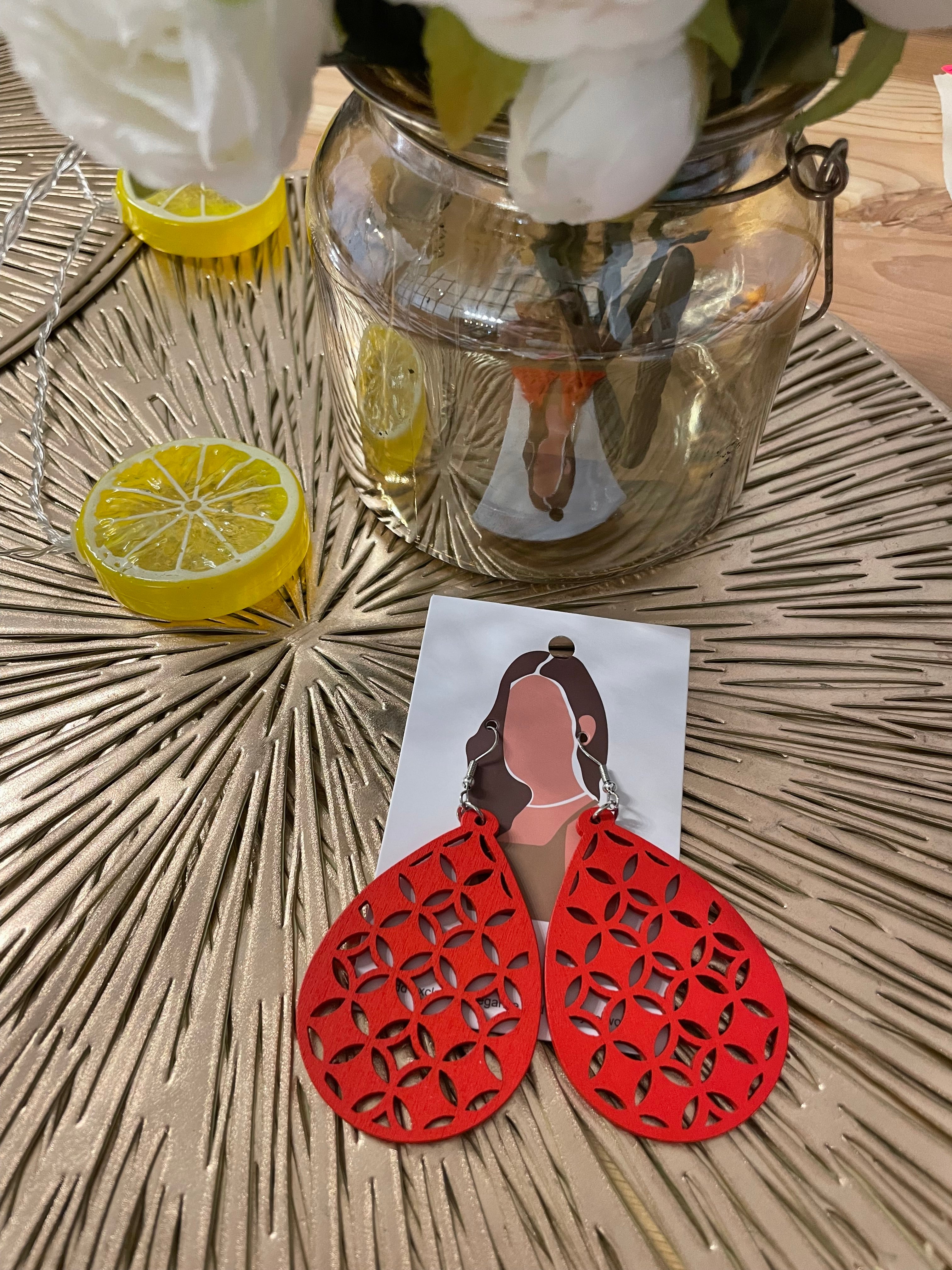 Tear Drop Wooden Painted Earrings