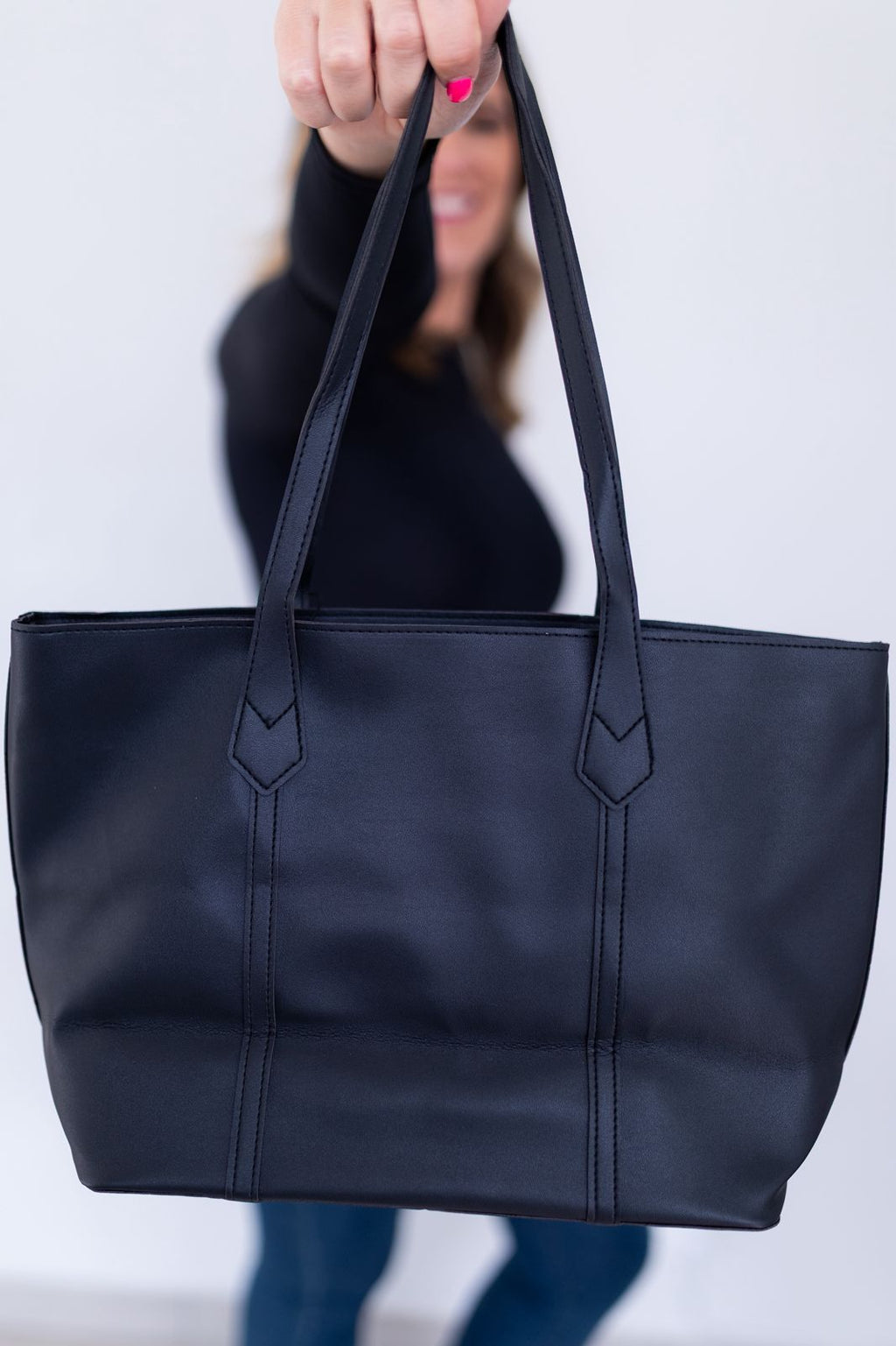 Black Structured PU Leather Office Tote
