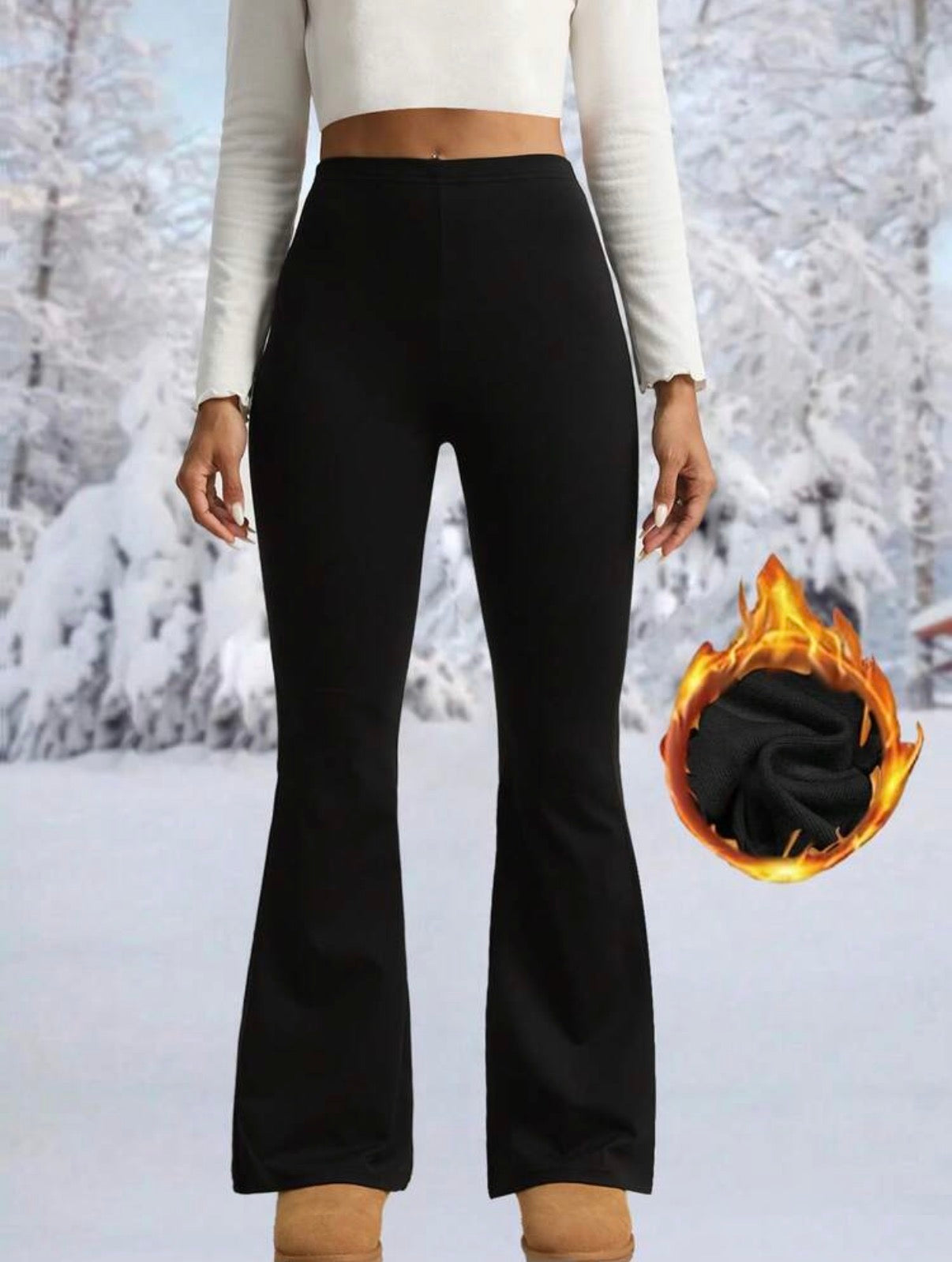 Thermal Fleece Lined Flare Pants - Black
