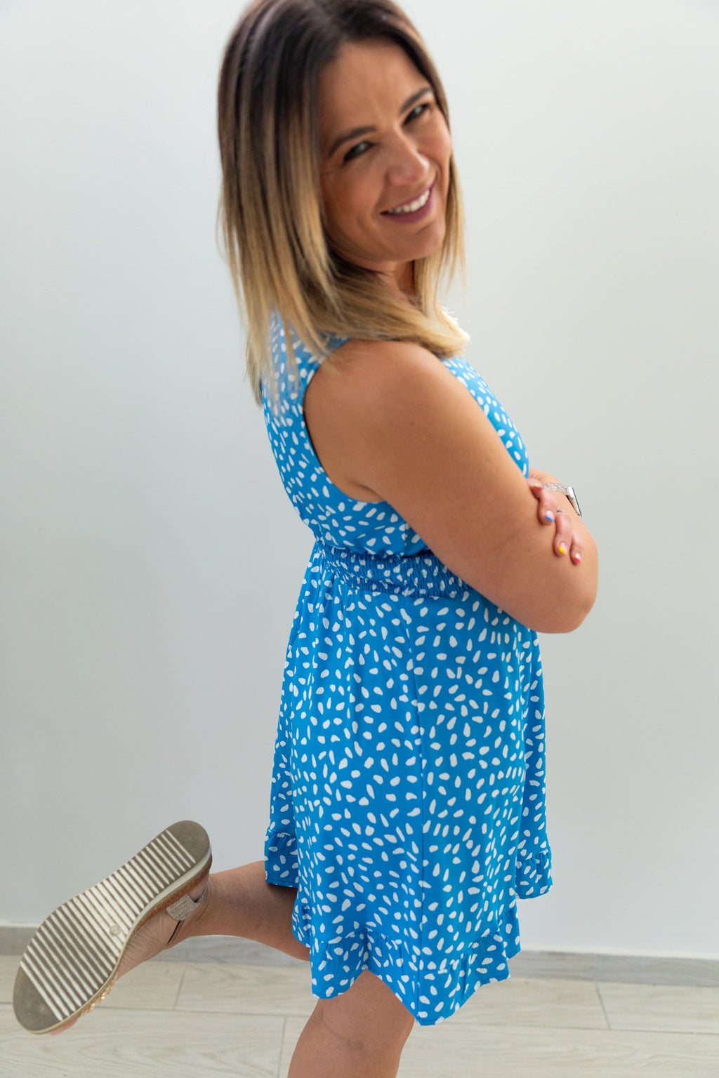 Blue Smocked Waist Sleeveless Mini Dress