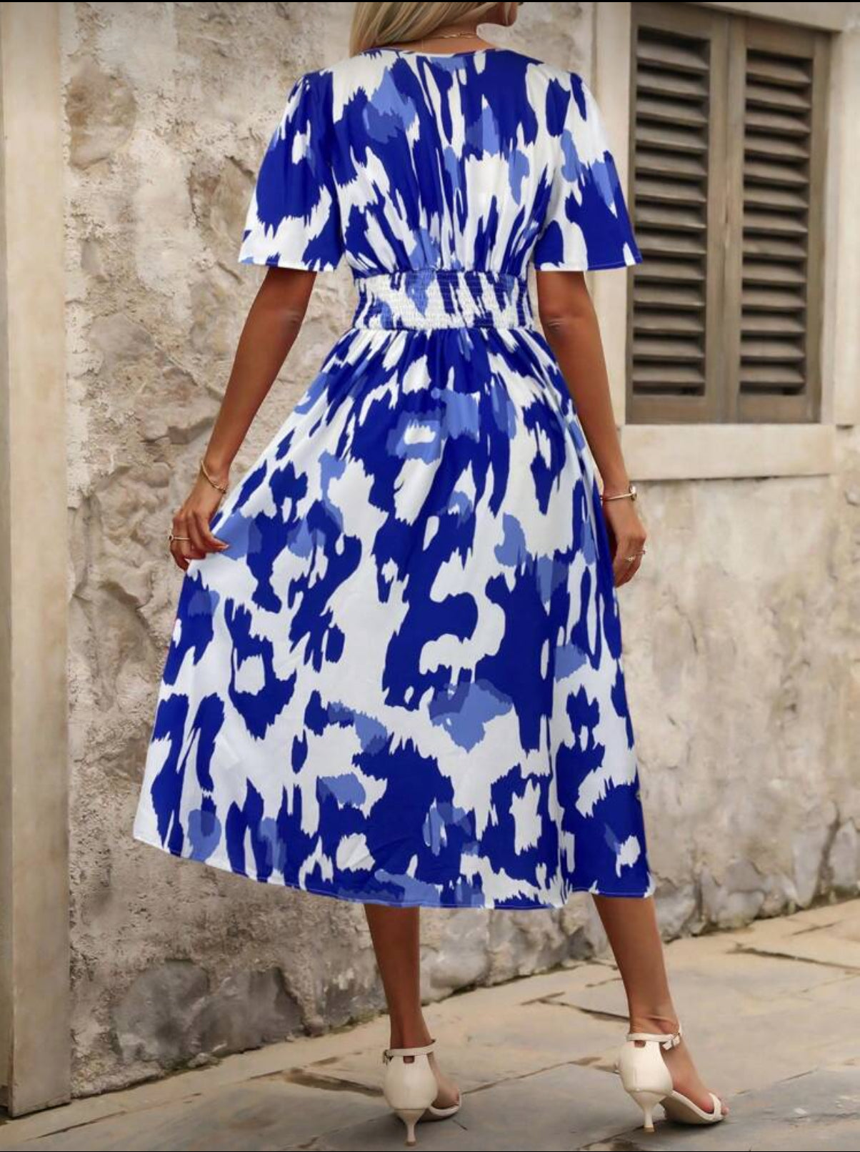 Blue and White Butterfly Sleeve Dress
