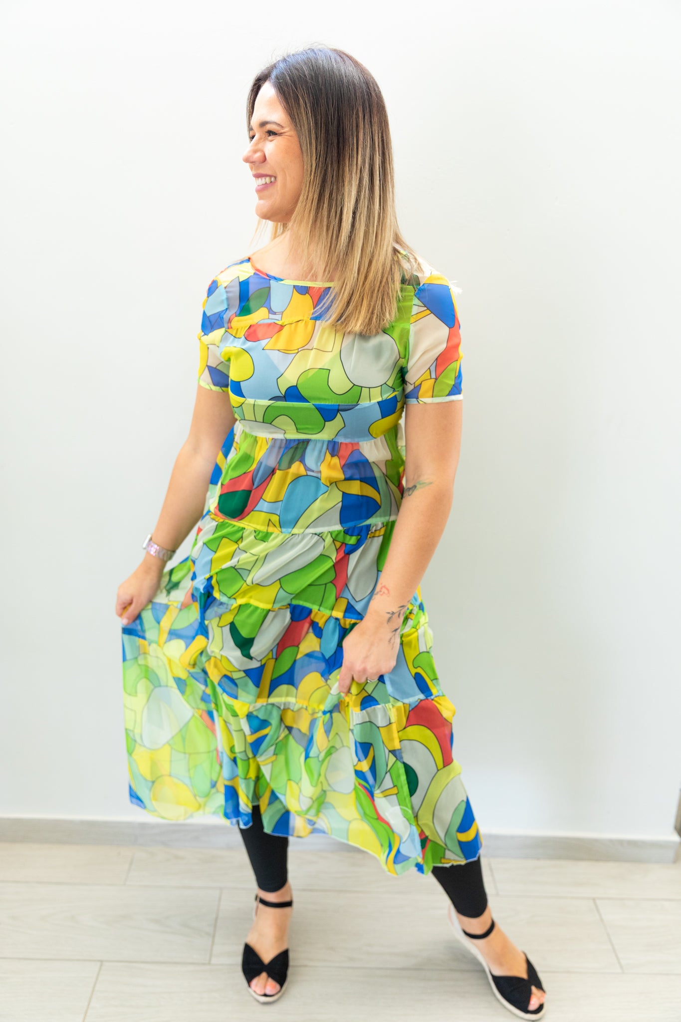 Sheer Women's All-Over Allover Print Round Neck Ruffle Hem Short Sleeve Dress, Summer