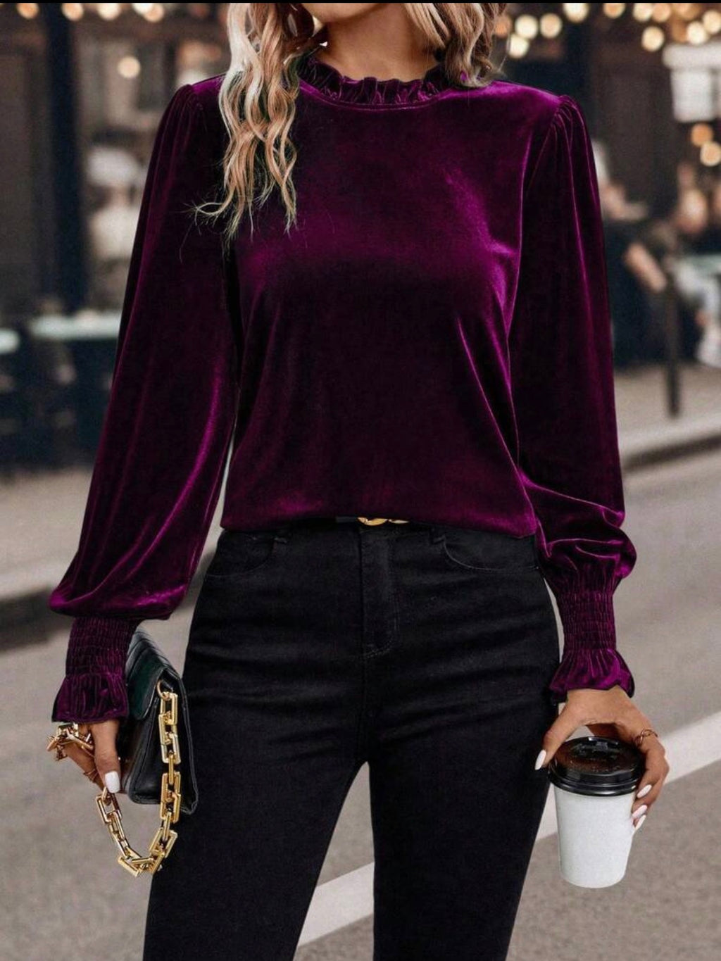 Red Violet Frill Neck Velvet Blouse