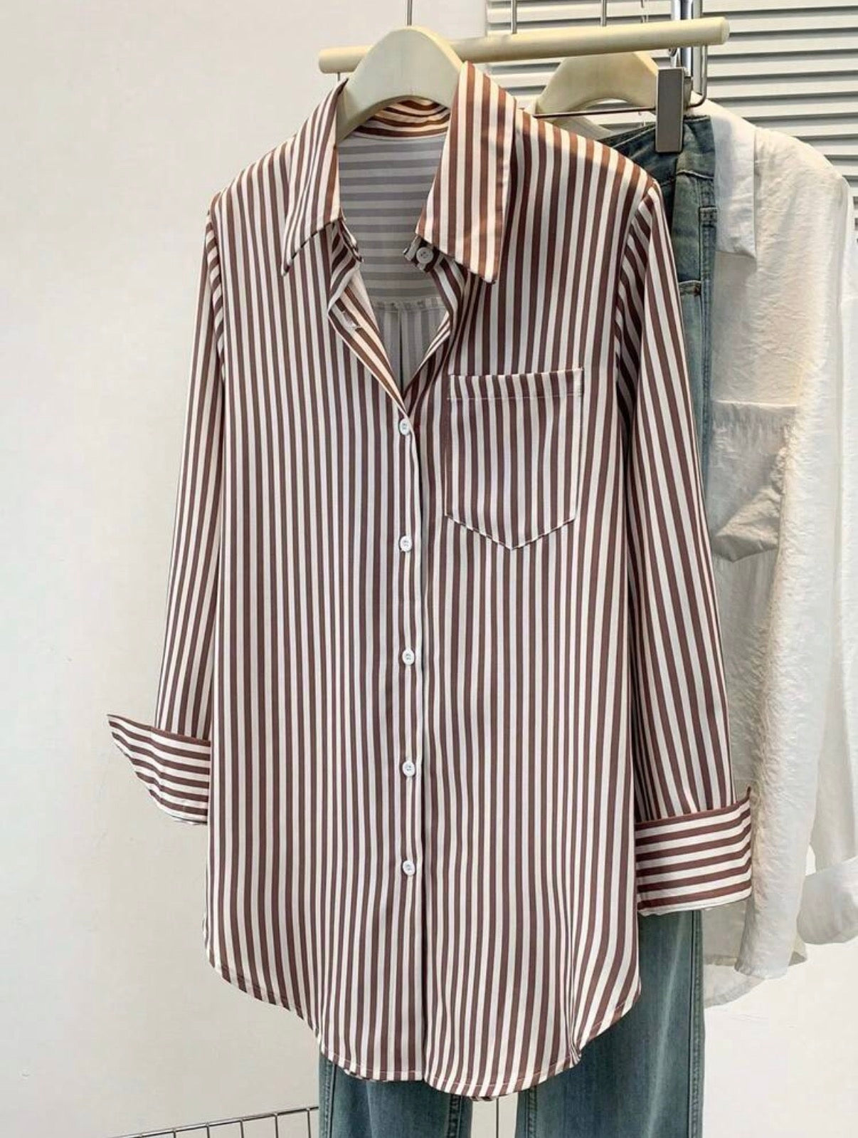 CURVE Brown and White Stripped Blouse