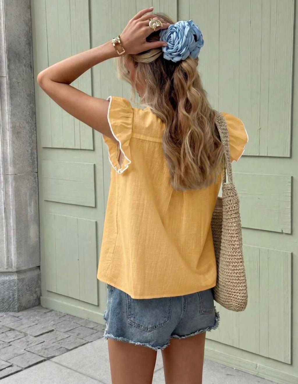 Sunshine Yellow 100% Cotton Floral Embroidered Ruffle Sleeve Blouse