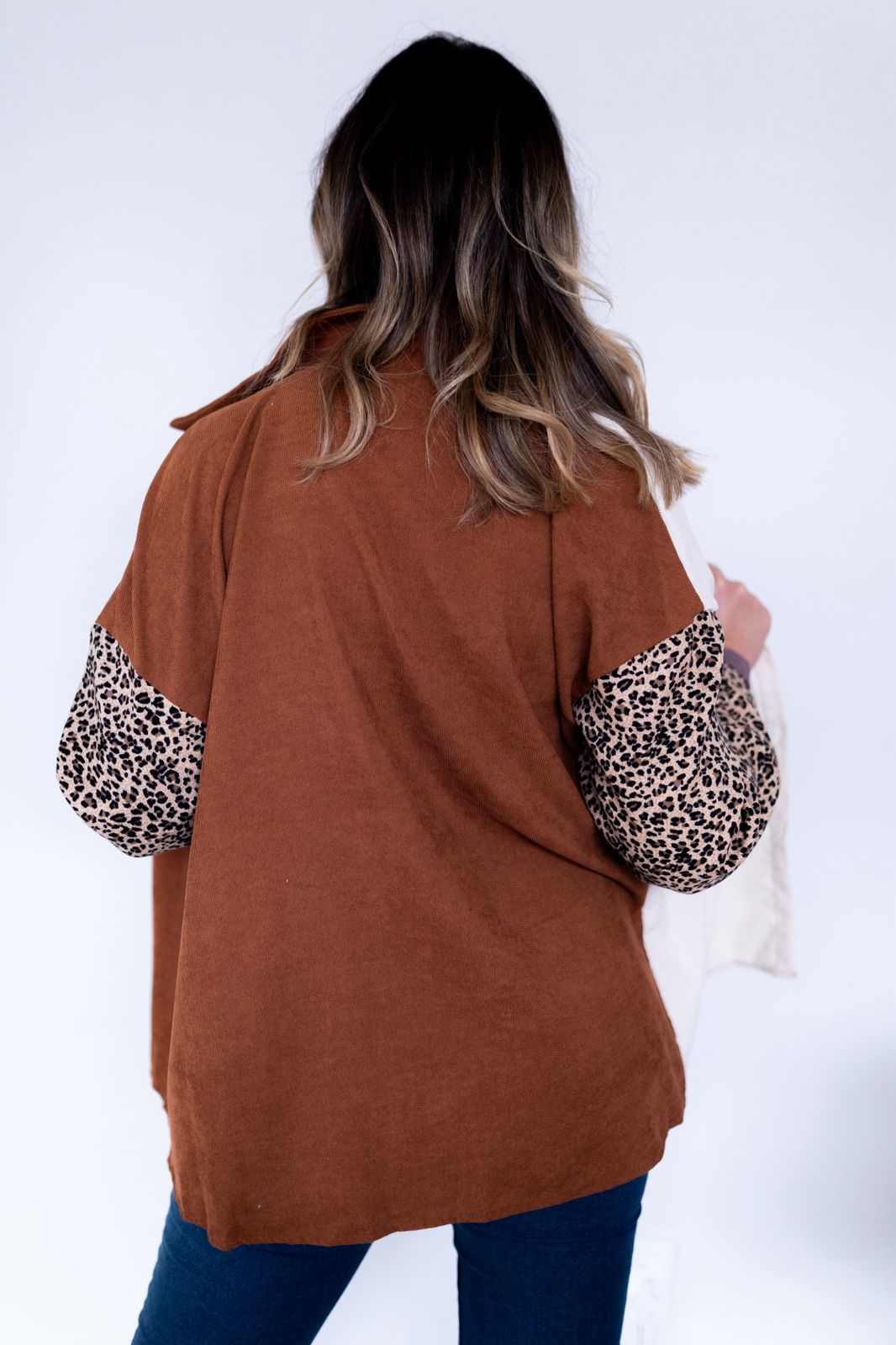 Leopard Panel Corduroy Shacket – Lightweight & Layer-Ready