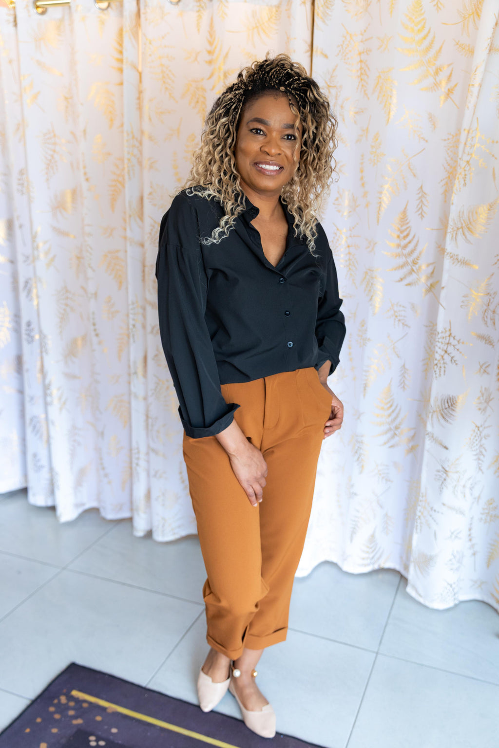 Mocha Brown DAZY Women Solid Color Pleated Straight-Leg Casual Business Pants