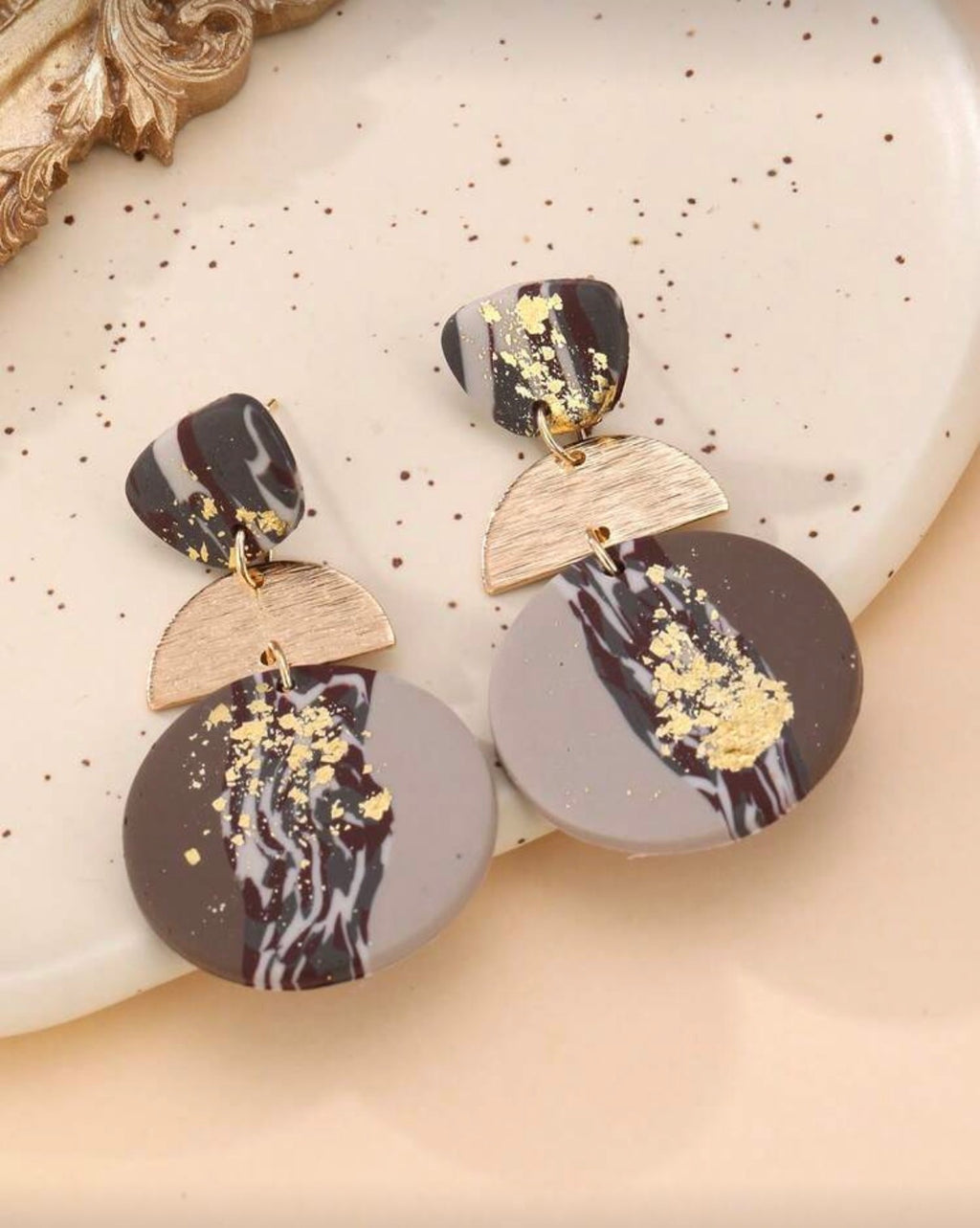 Coffee Brown Clay Statement Earrings with Gold Foil