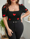 SHEIN Privé Plus Size Heart Print Square Neck Puff Sleeve T-Shirt