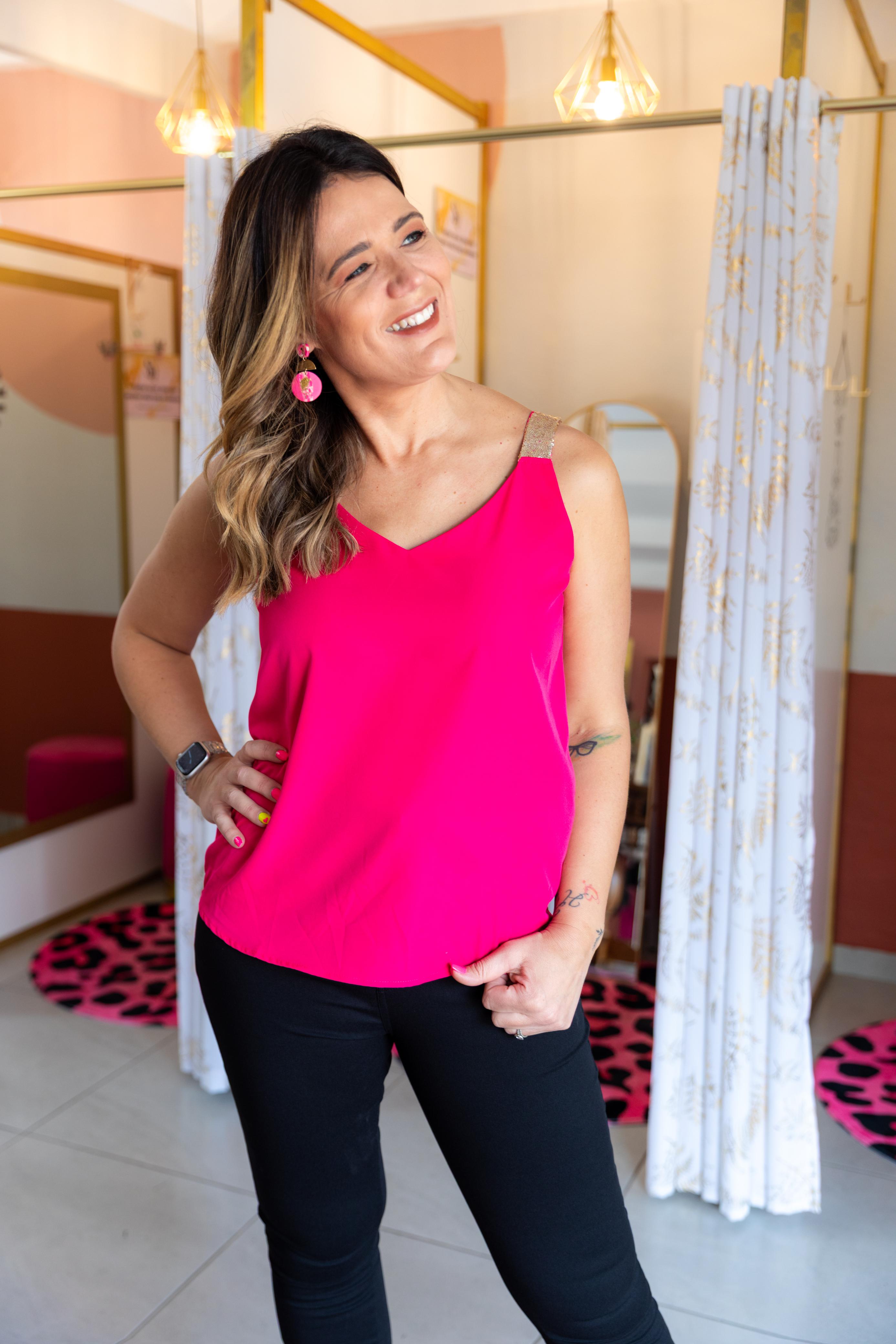 Bright Pink Sequin-Trim V-Neck Top