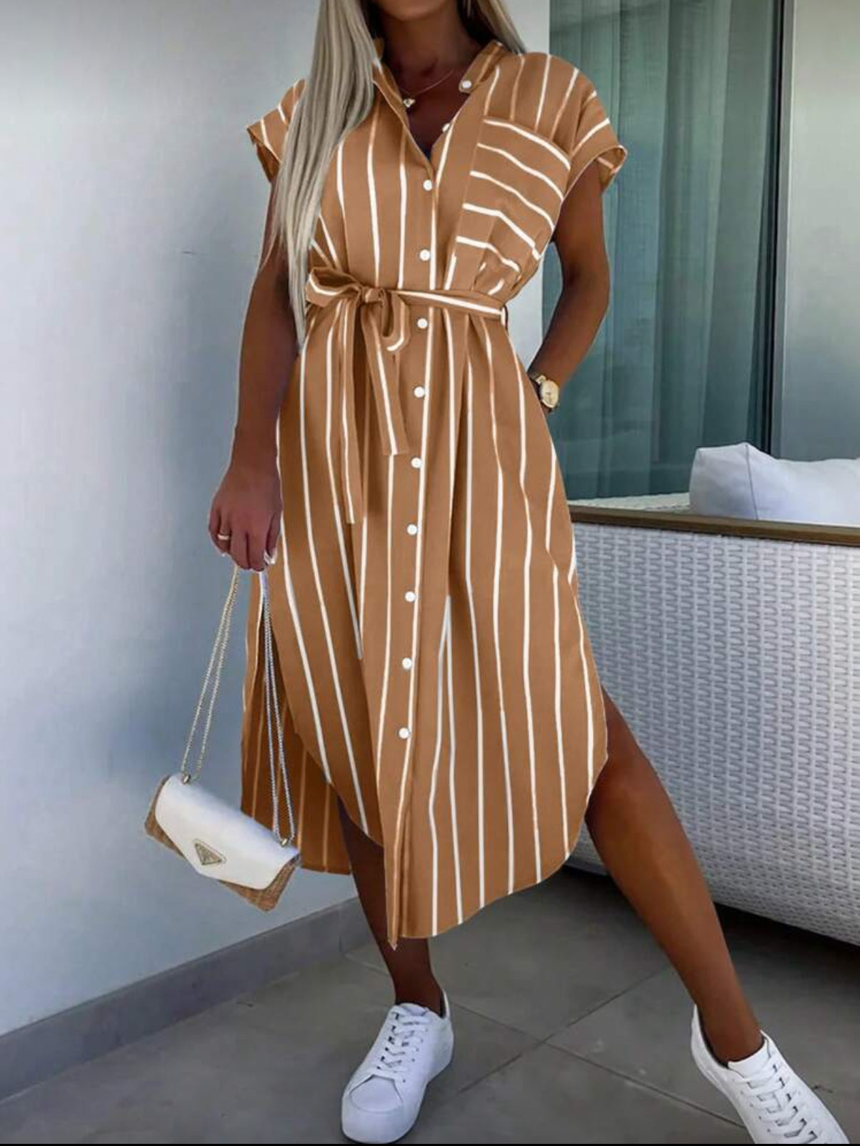 Brown and White Stripped Button Up Dress