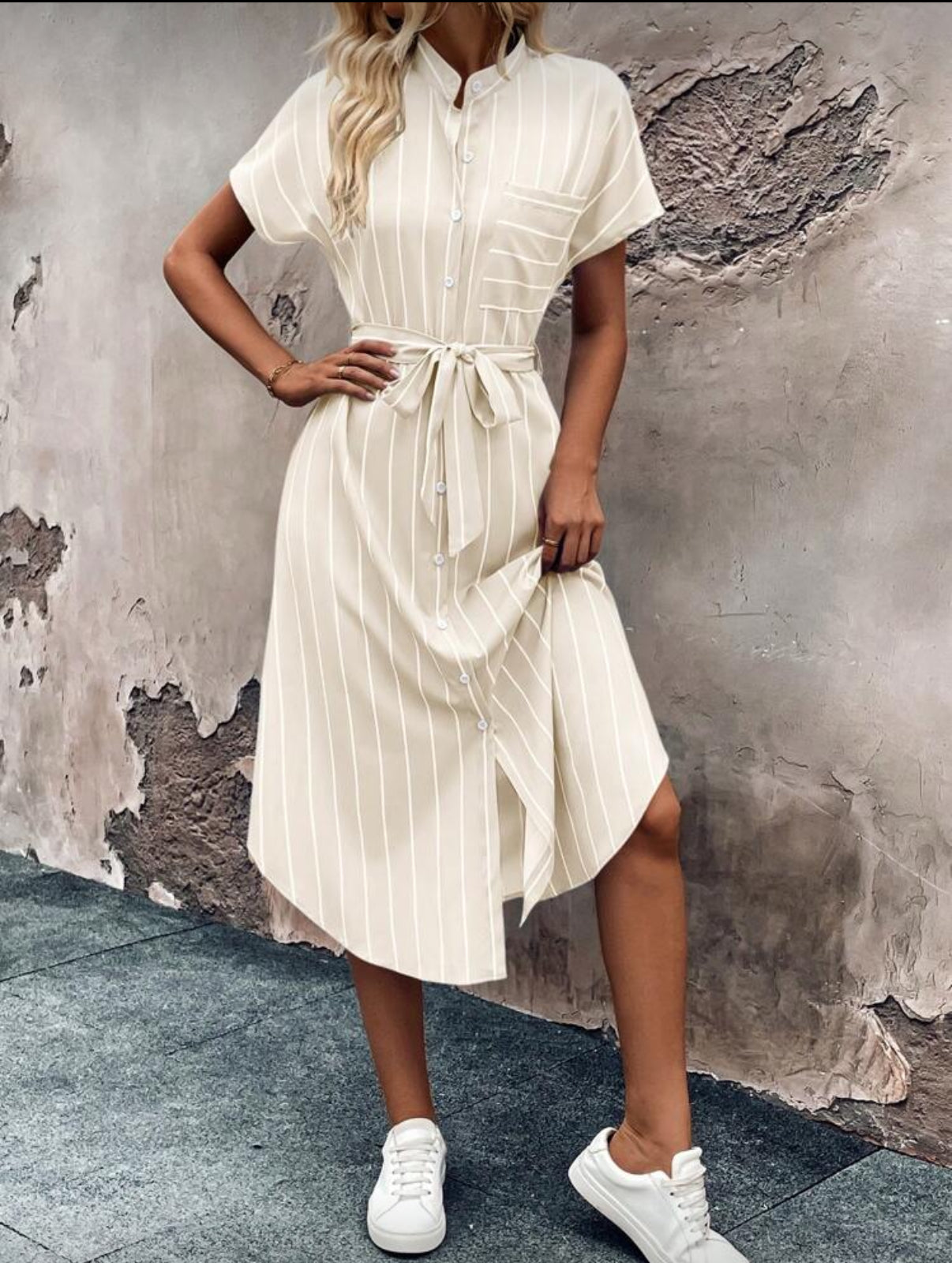 Beige and White Button Up Strip Dress