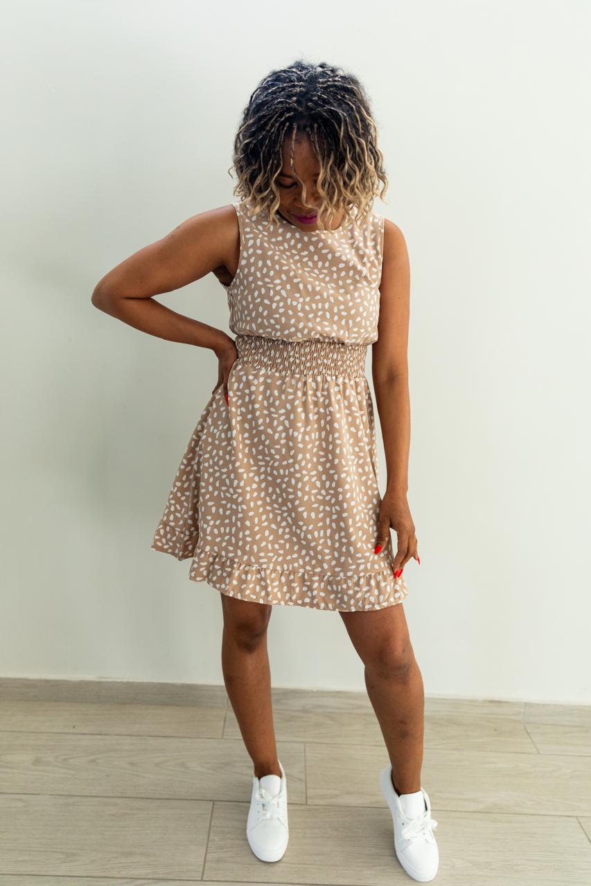 Beige Smocked Waist Sleeveless Mini Dress