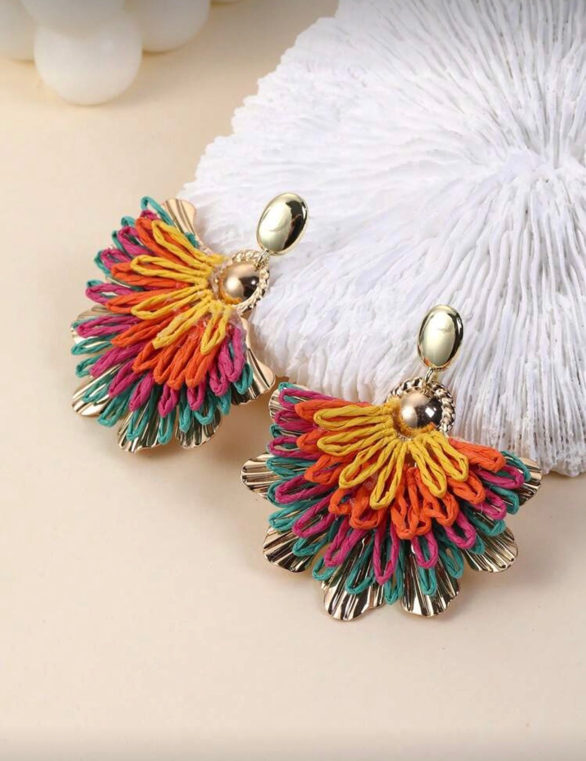 Multi-Colour Fan Statement Earrings – Gold
