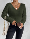 Fluffy V-Neck Knit Sweater – Army Green