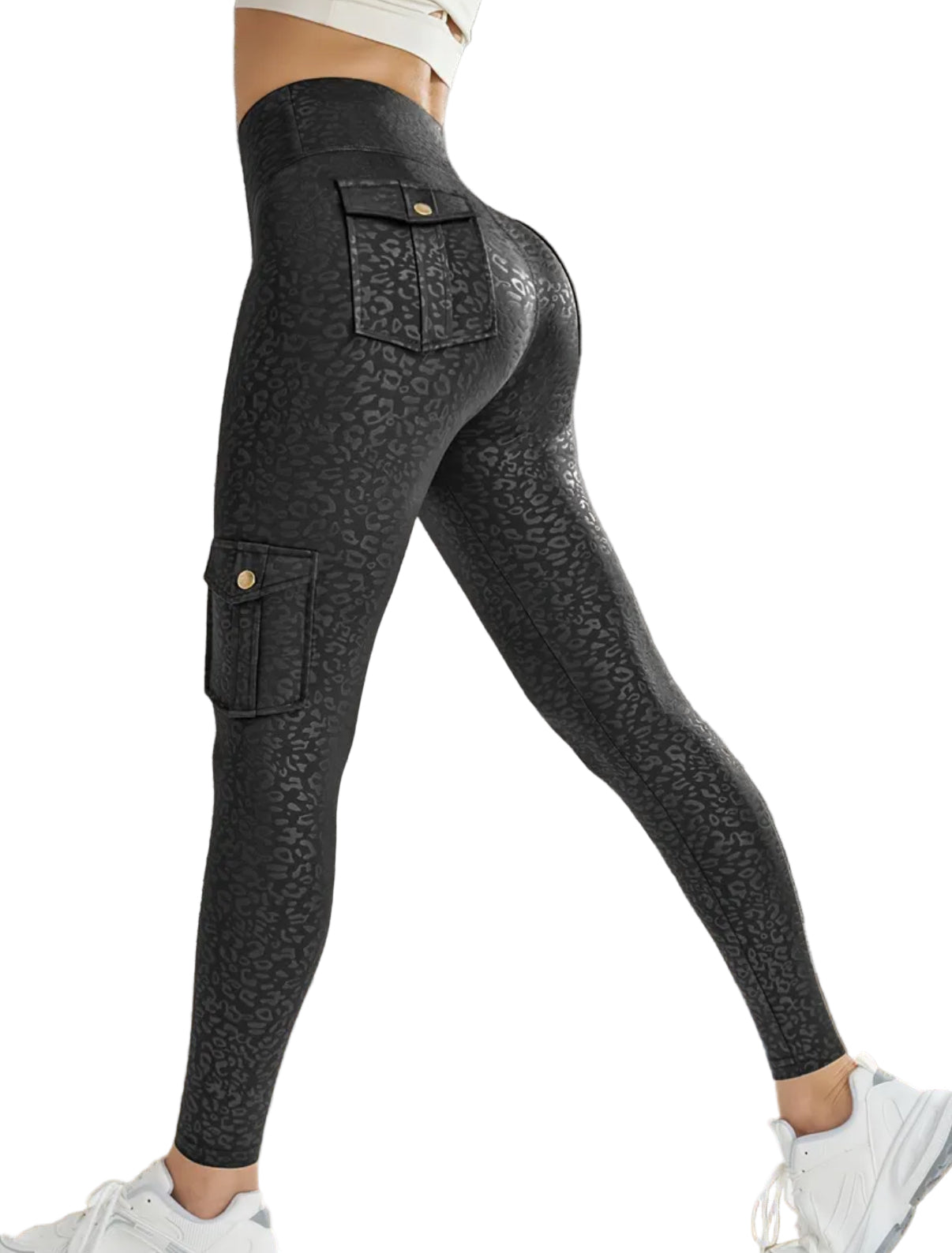 Top Selling Pocketed Tight Cargo Pants - Black Leopard
