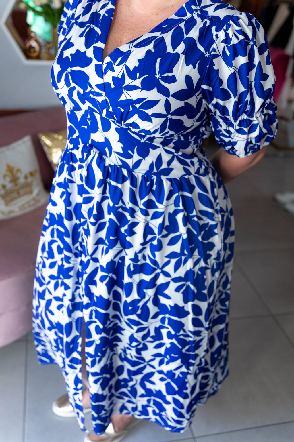 SHEIN VCAY Plus Size Floral Print V-Neck High Slit Dress Maxi Women Outfit