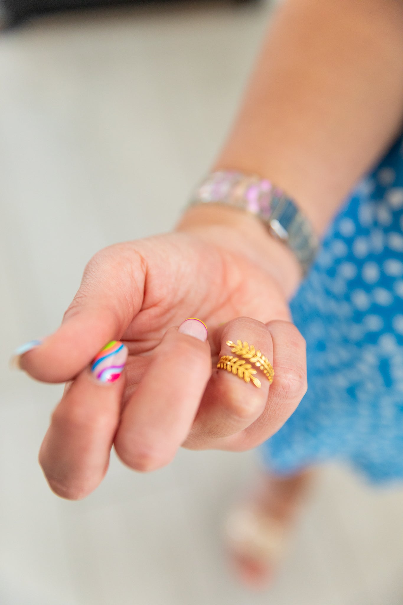 Yellow Gold Leaf Design Cuff Ring - Adjustable sizing