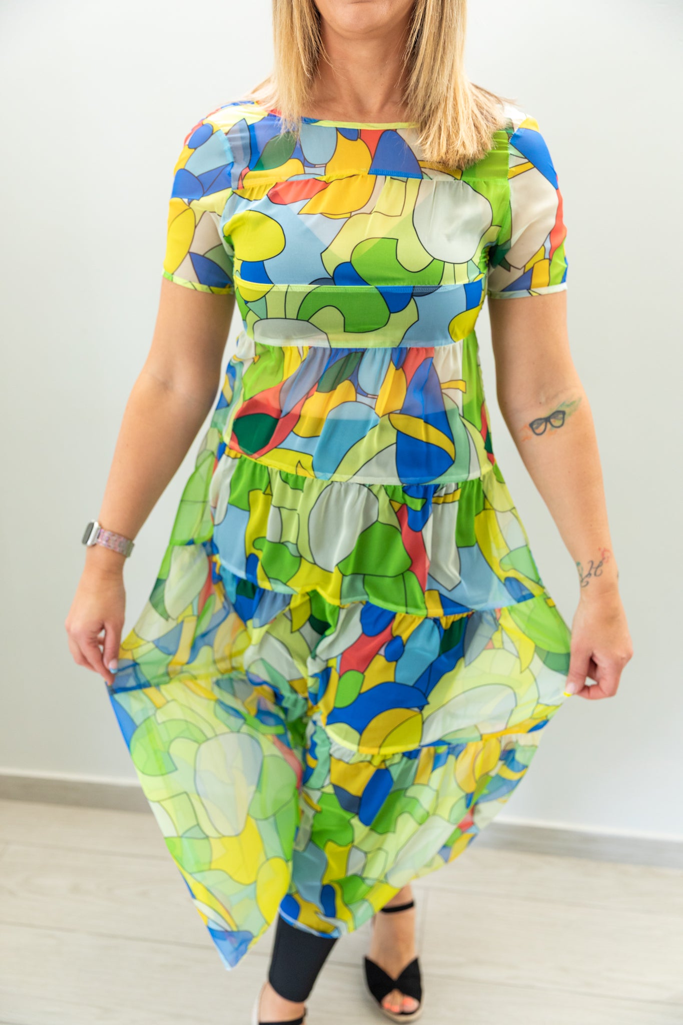 Sheer Women's All-Over Allover Print Round Neck Ruffle Hem Short Sleeve Dress, Summer