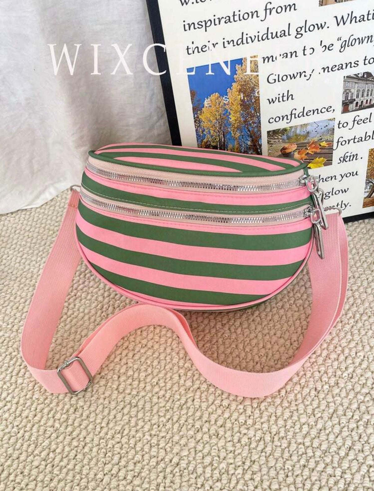 Striped Litchi Crossbody Bag