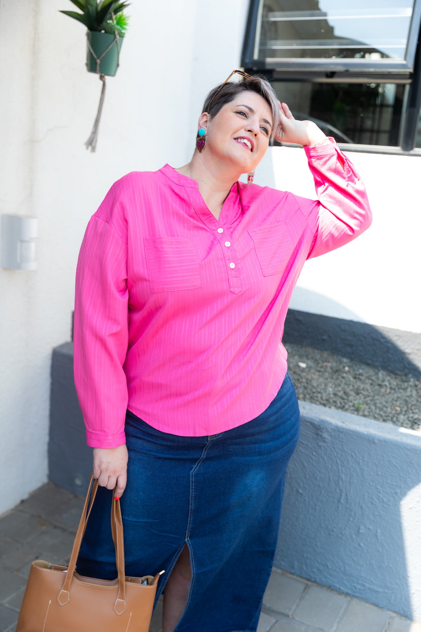 Curve Hot Pink Textured High-Low Blouse