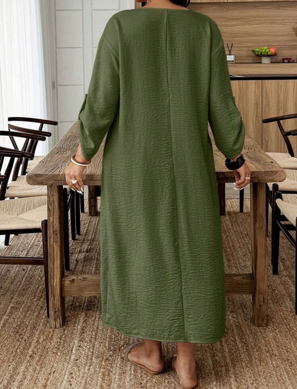 CURVE Olive Green Rolled Sleeve Midi Dress
