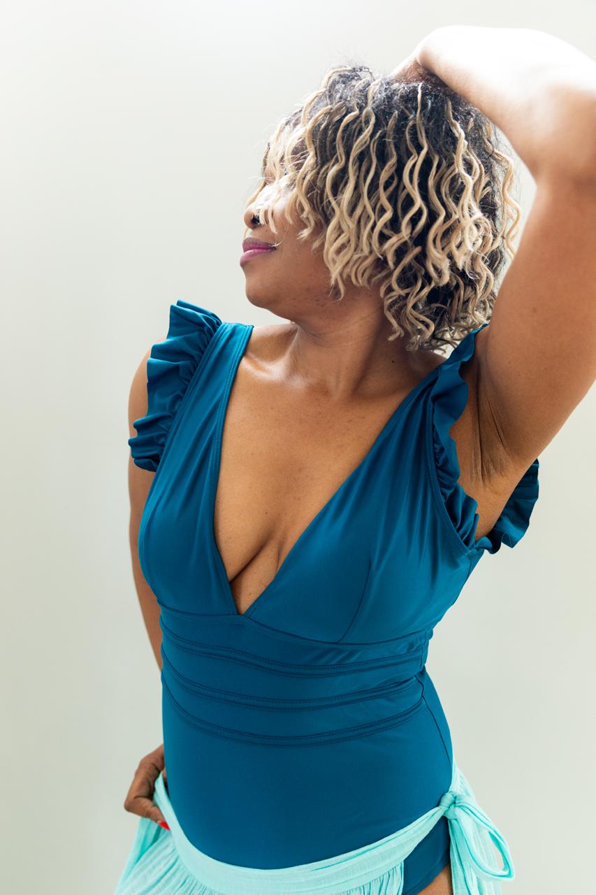 Ruffle V-Neck One-Piece Swimsuit –  Teal (Wrap Sold Separately)