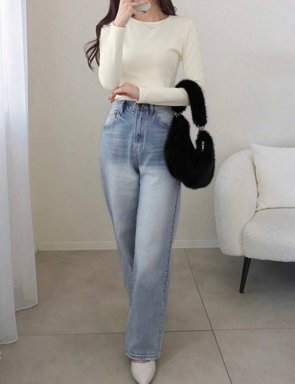 White Fleece-Lined Long Sleeve Essential Top