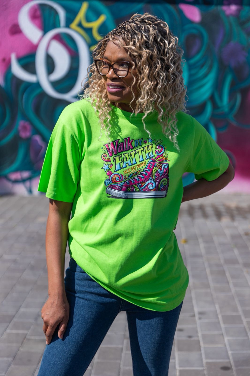 Neon Green “Walk by Faith” Easy Fit Unisex Tee