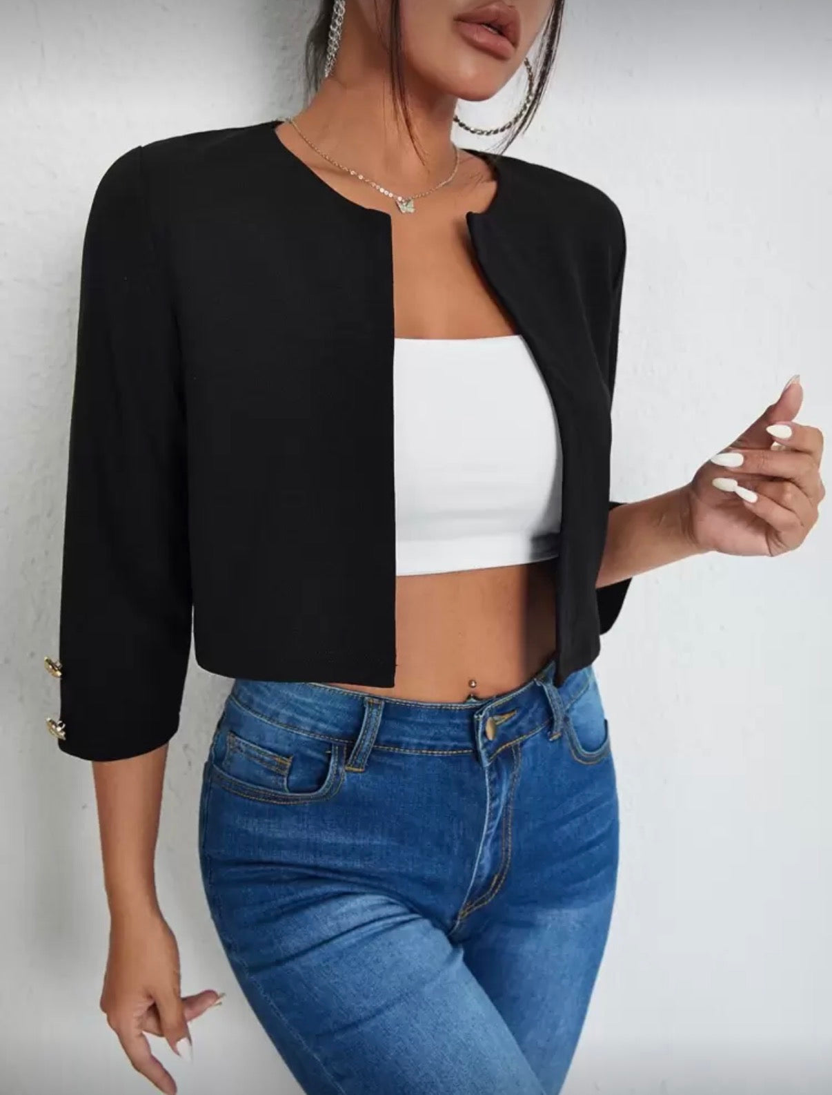 Black Cropped Open Front Blazer