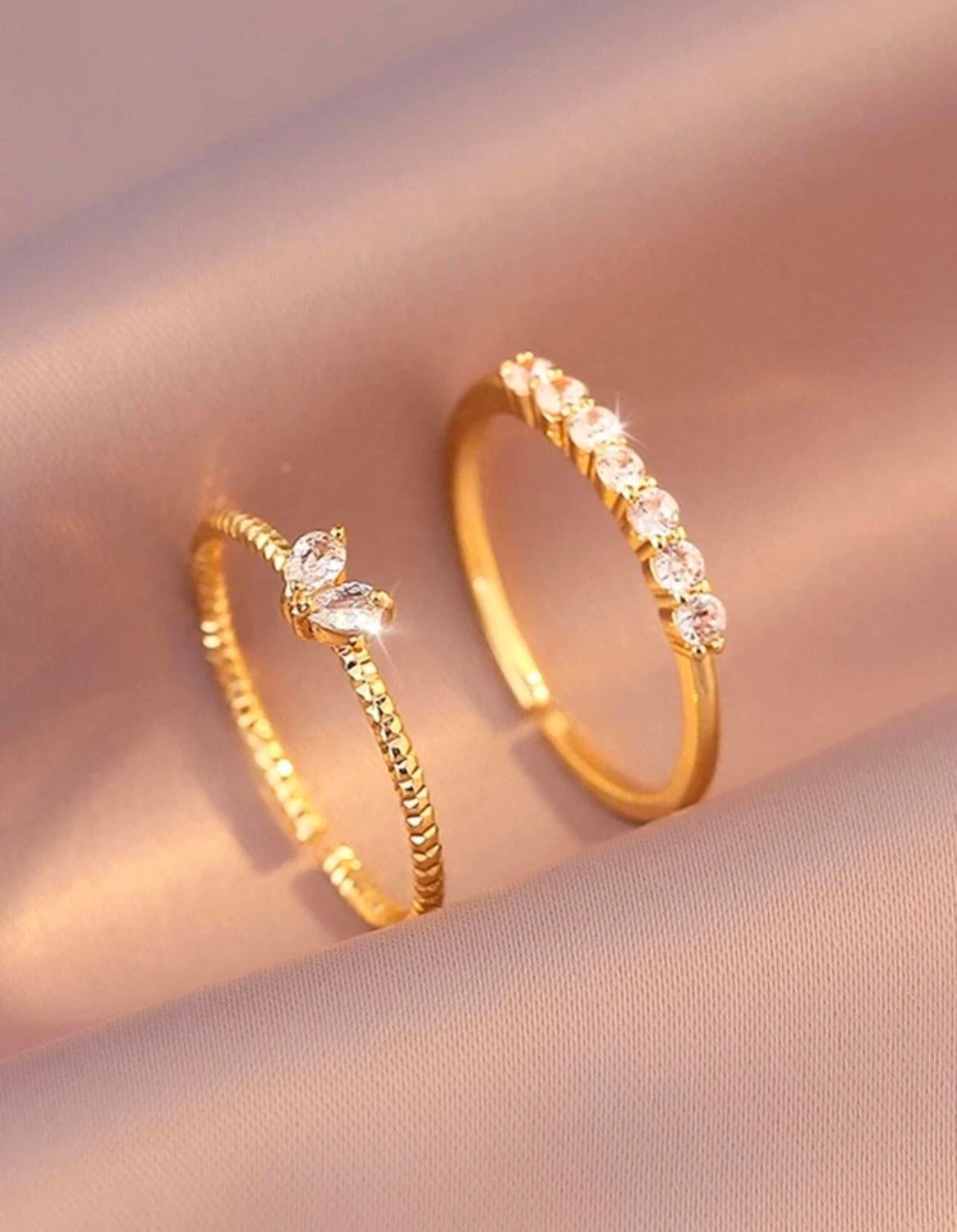 One Size Adjustable 2pcs/set Cubic Zirconia Decor Ring Copper Jewelry