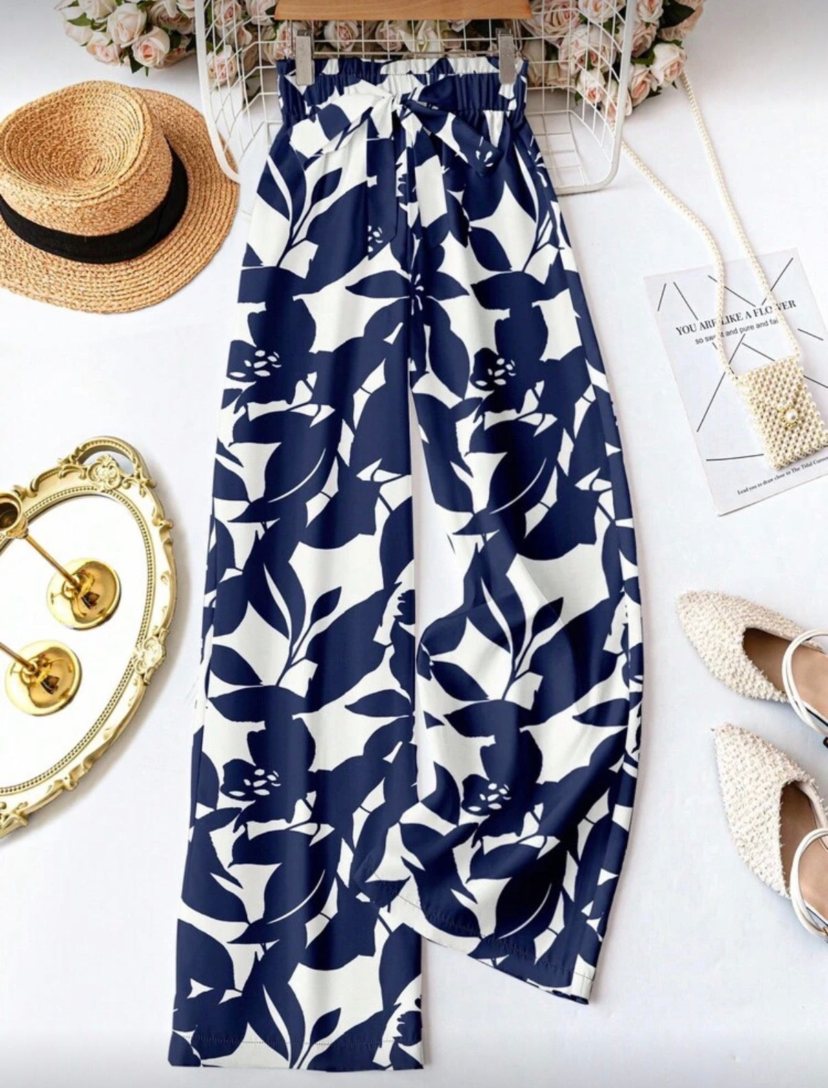 Navy Blue and White Floral Wide Leg Pants