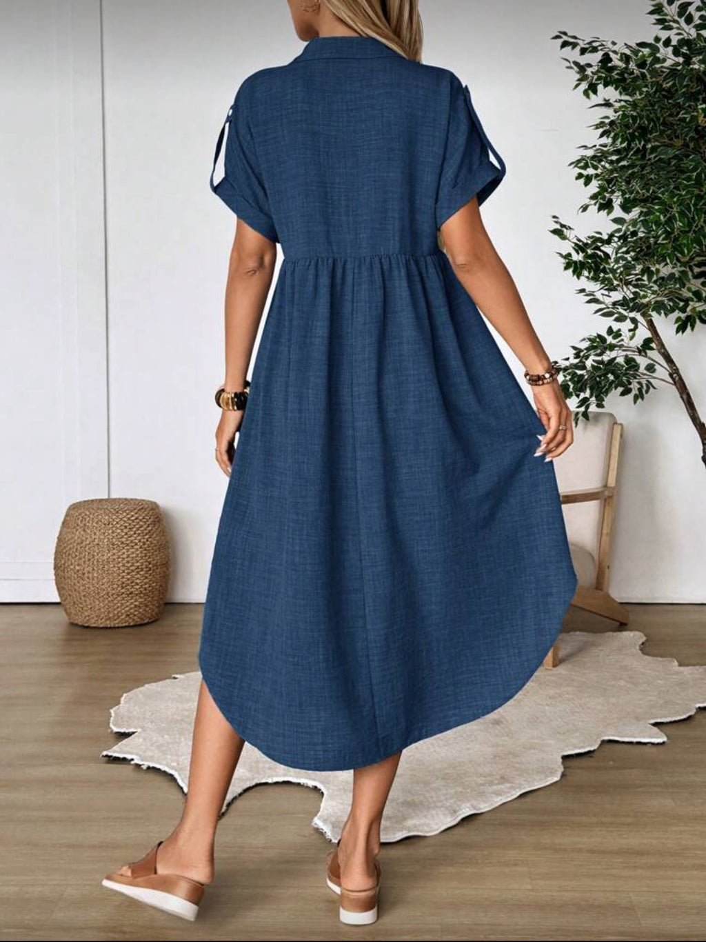 EMERY ROSE Women's Solid Color Roll-Up Sleeve Single Breasted Casual Midi Shirt Dress