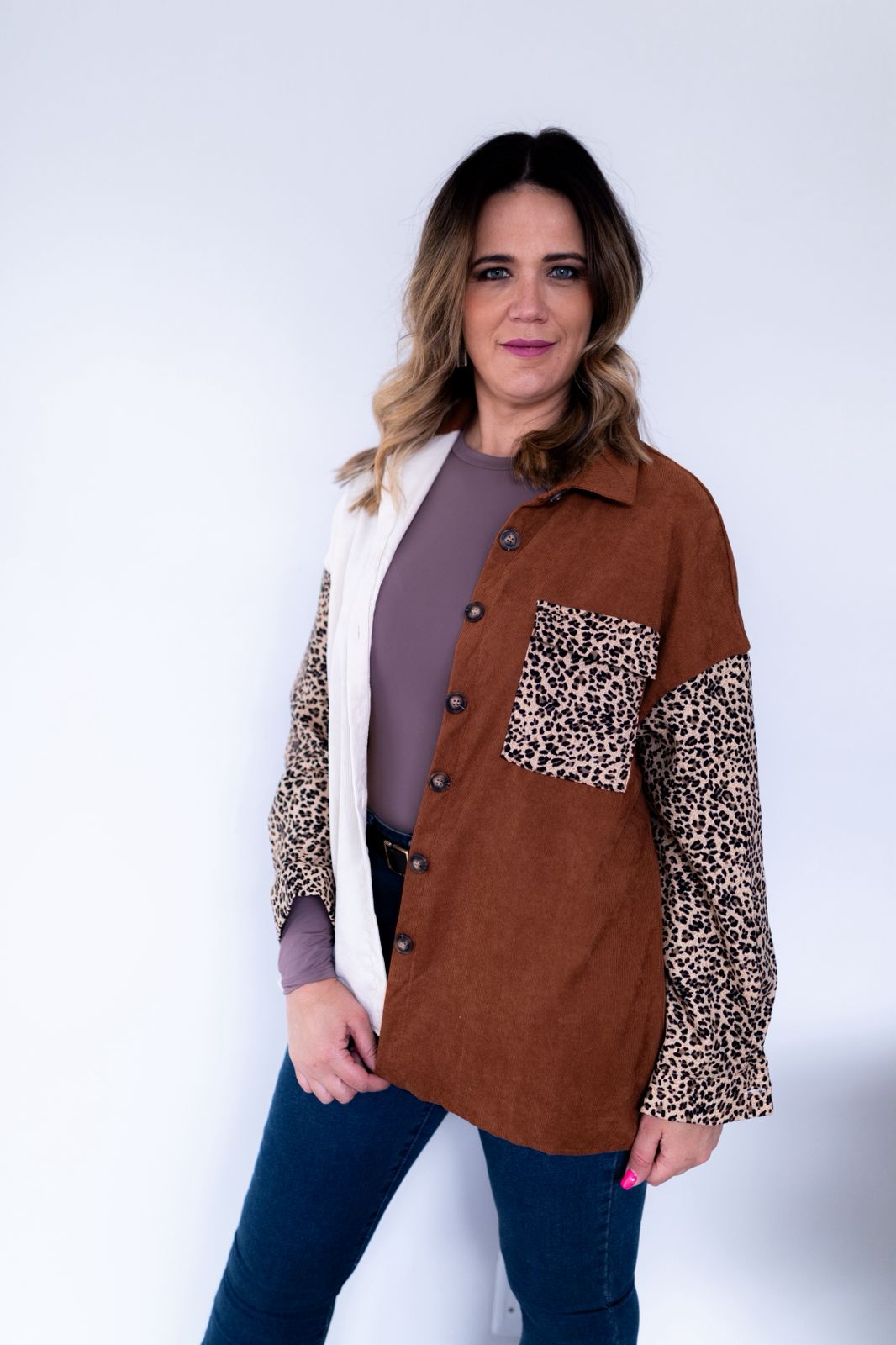 Leopard Panel Corduroy Shacket – Lightweight & Layer-Ready