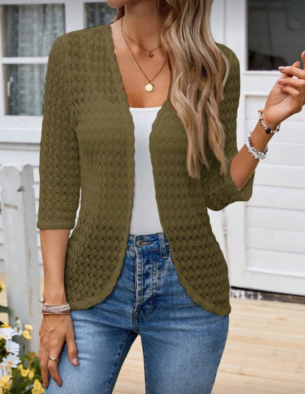 Brown Green Knitted 3/4 sleeve Cardigan