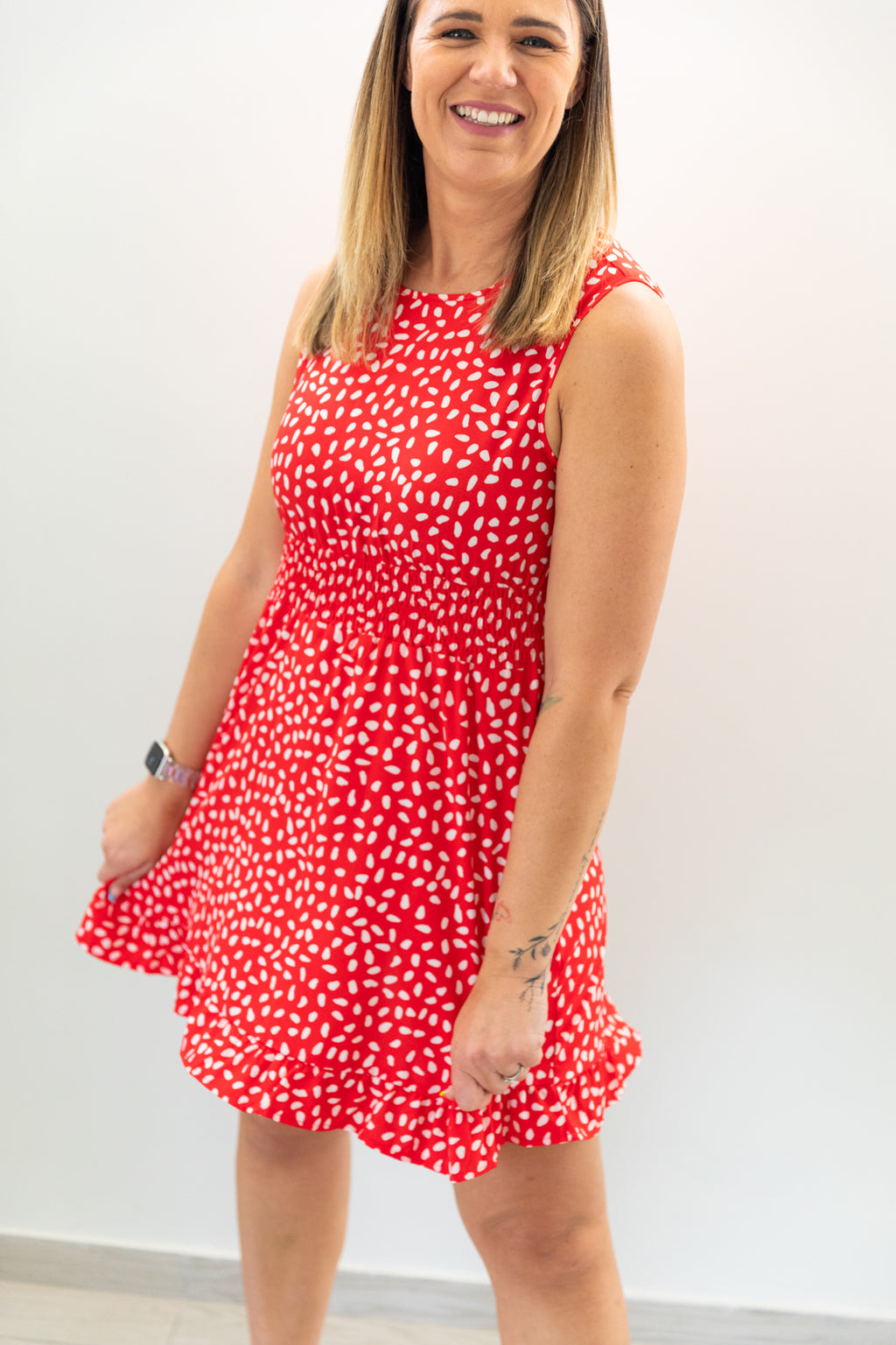 Red Smocked Waist Sleeveless Mini Dress