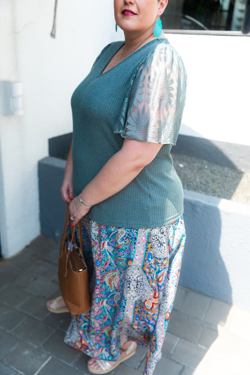 Curve Waffle Knit Ruffle Sleeve Top – Dark Green