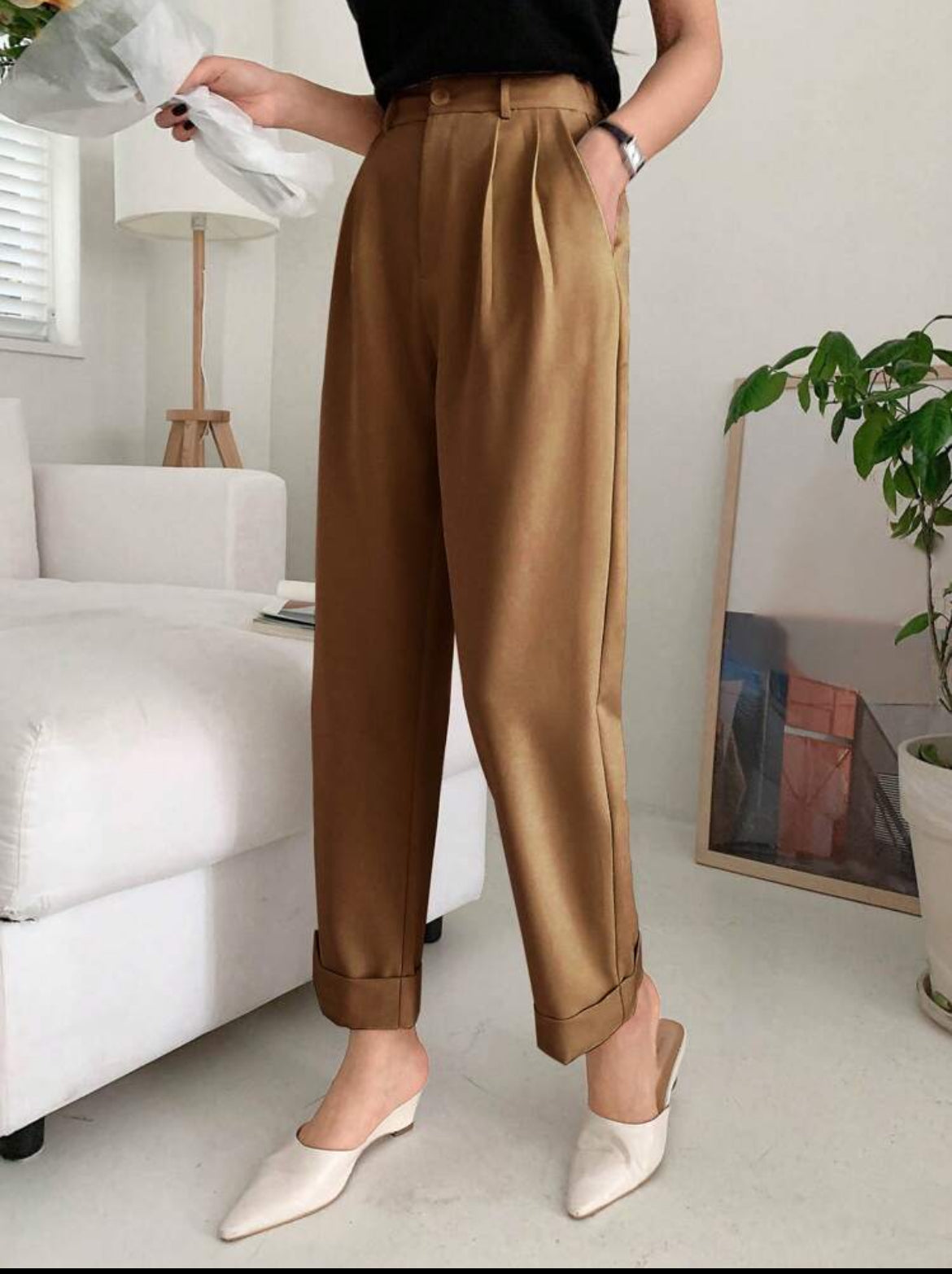 Women Brown Front Pleated Straight Fit Pants